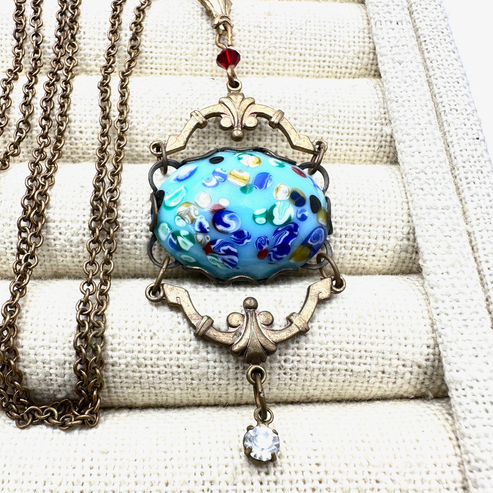 Vintage Antiqued Gold Tone Blue Speckled Glass Cabochon Pendant Necklace 24 Inch Length (1 of 2)