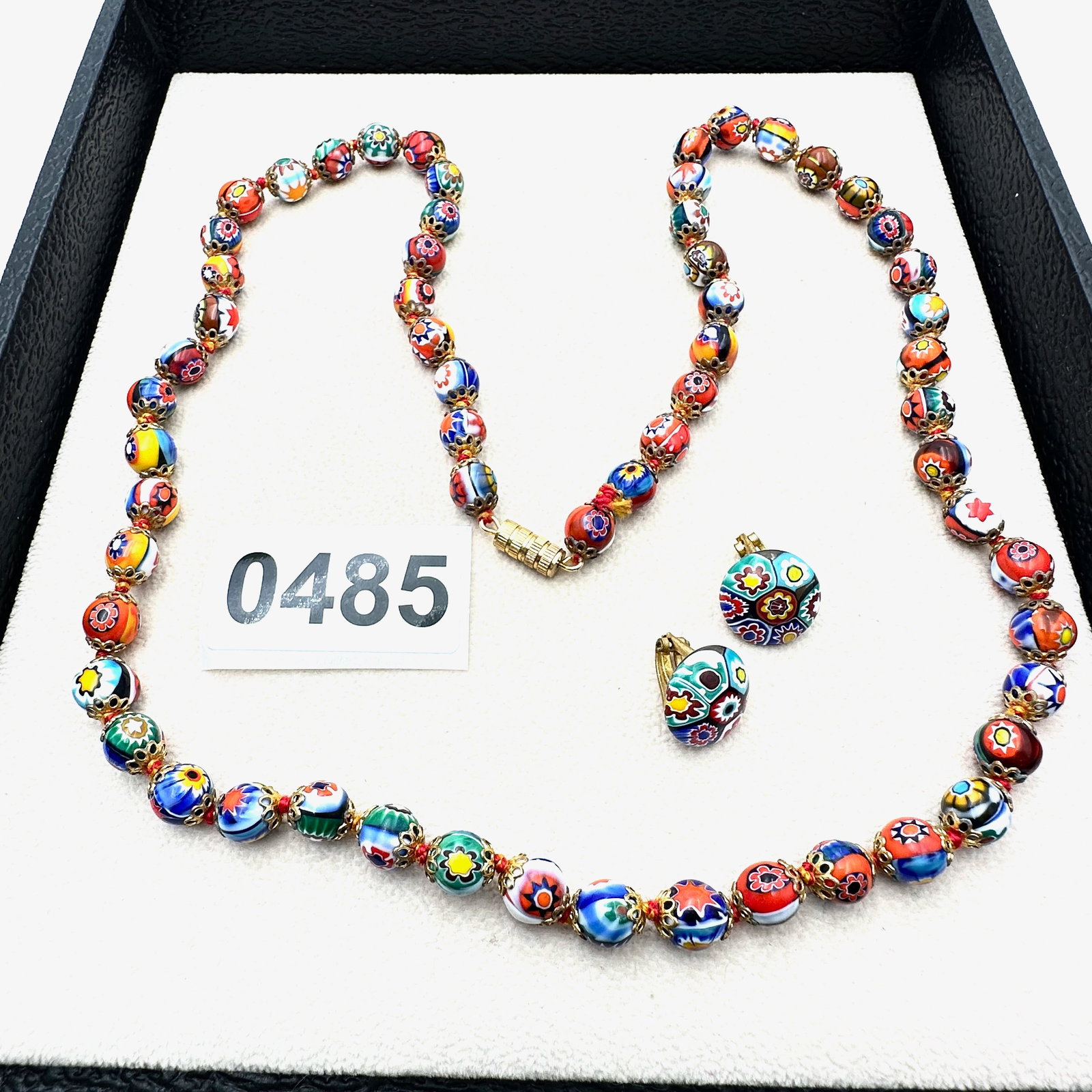 Vintage Italian Millefiori Glass Bead Gold Tone Necklace 24 Inch Length Coordinating Clip Earrings (1 of 2)