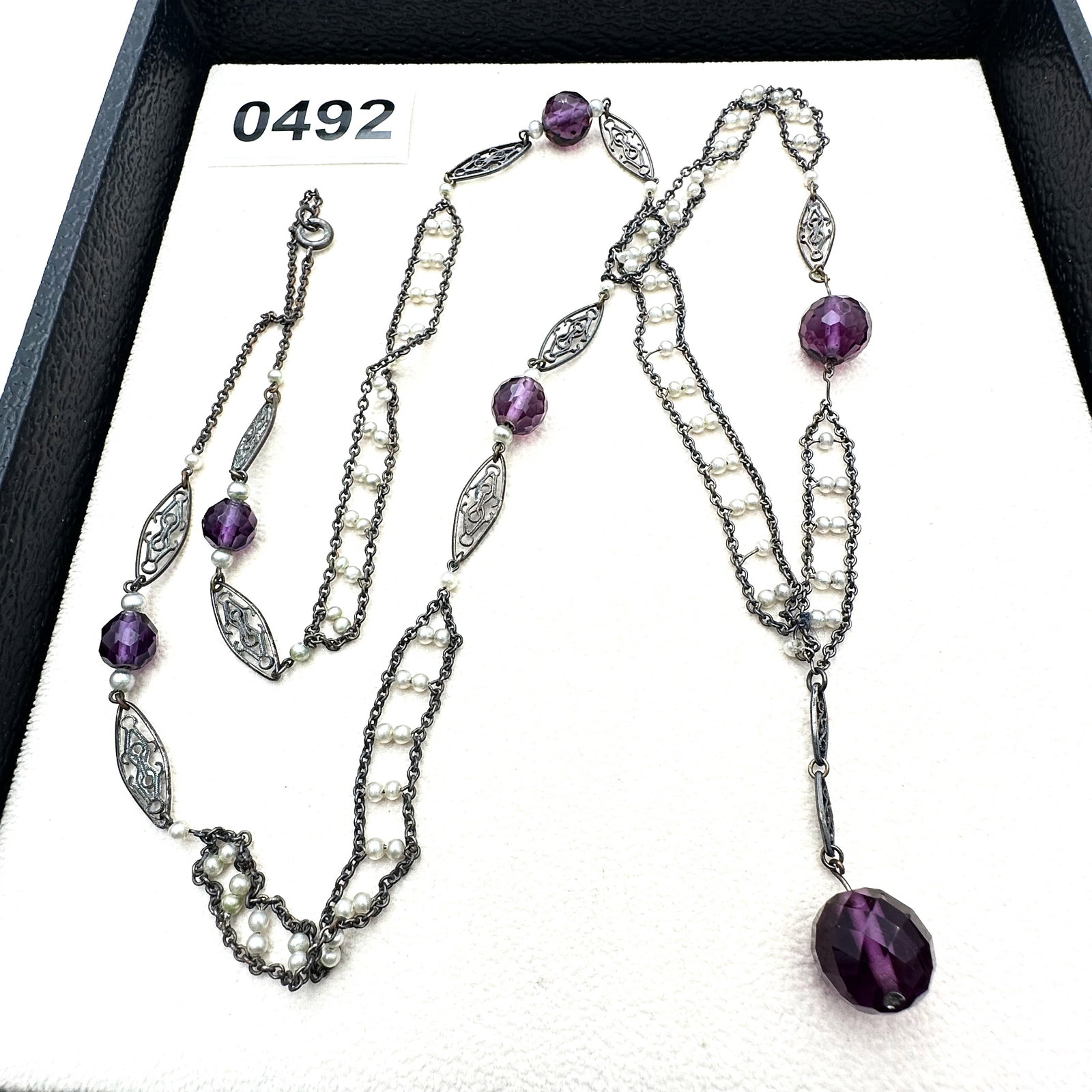 Antique Art Deco Purple Glass Bead Pearl Filigree Link Necklace 32 Inch Length: Antique Art Deco Purple Glass Bead Pearl Filigree Link Necklace 32 Inch Length