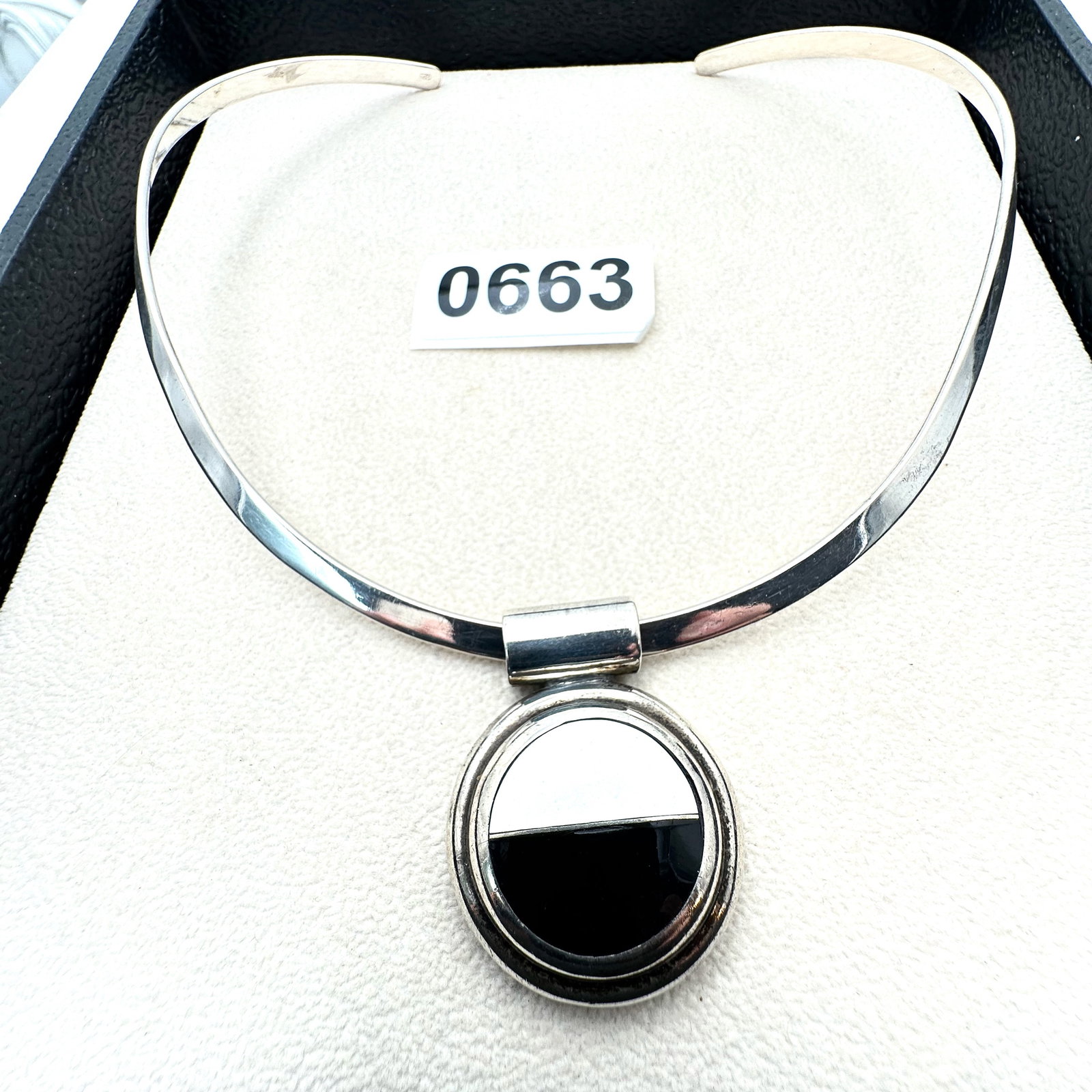 Sterling Silver Torque Necklace and Black & White Slide Pendant 53 Grams Total Weight (1 of 2)