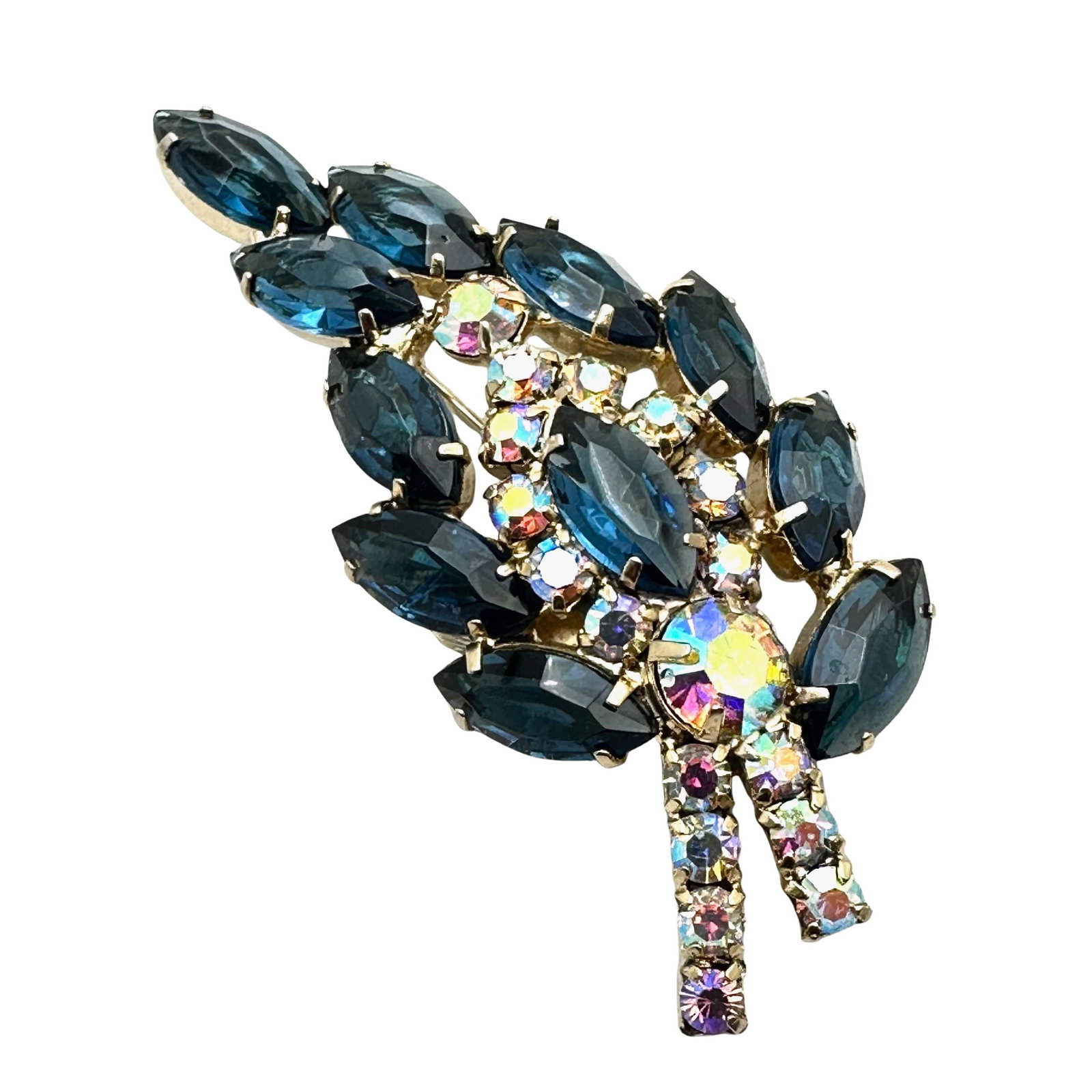Vintage Unsigned Blue Glass Rhinestone Gold Tone Brooch Pin 2.75 Inch: Vintage Unsigned Blue Glass Rhinestone Gold Tone Brooch Pin 2.75 Inch