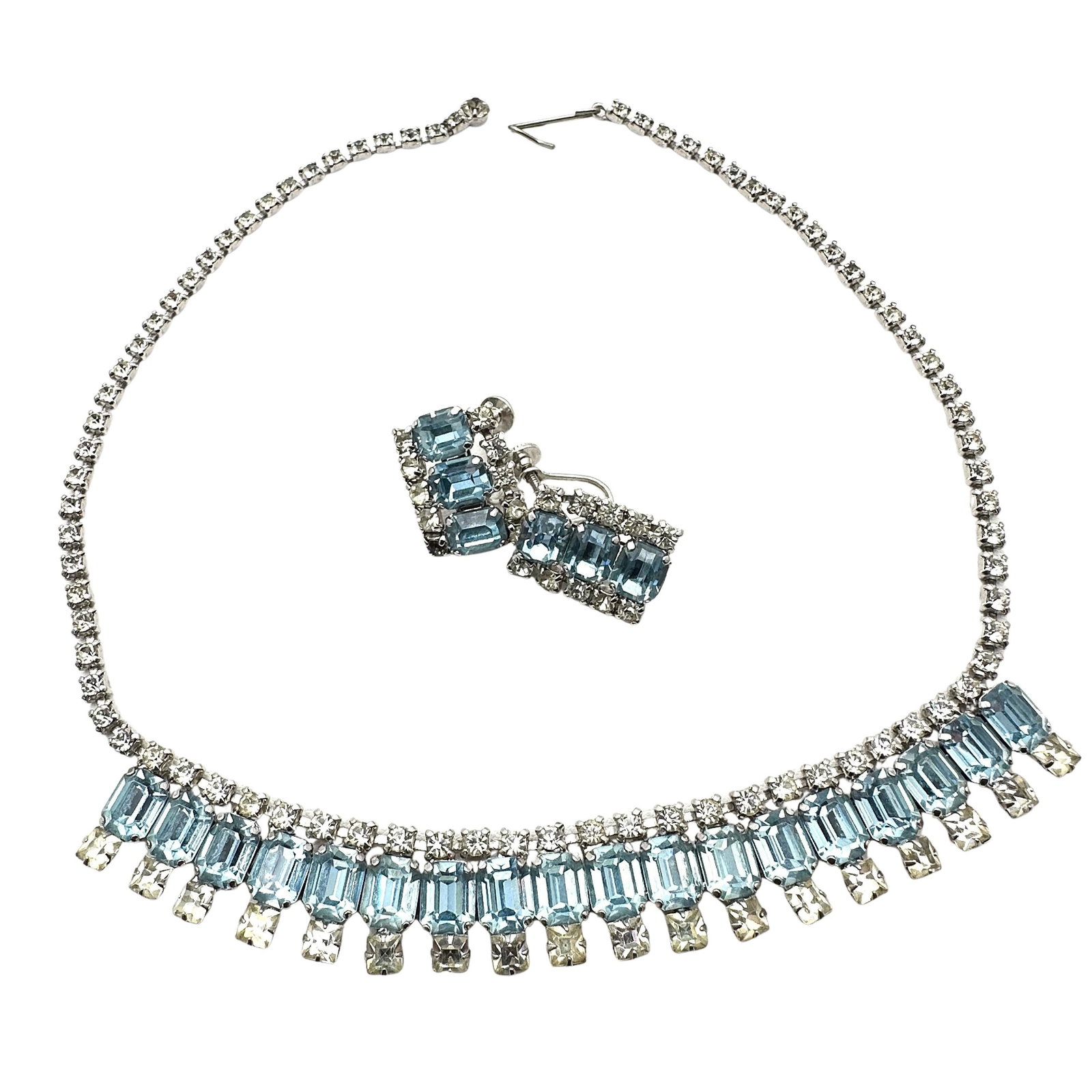 Vintage Light Blue and Clear Glass Rhinestone Silver Tone 16 Inch Necklace and Earrings Set (1 of 2)