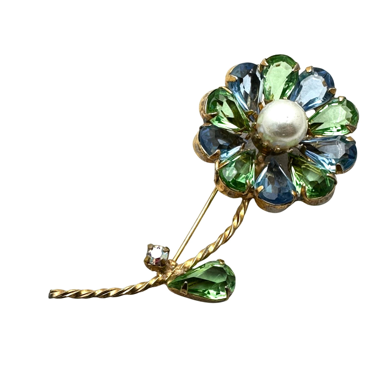 Vintage Blue Green Glass Rhinestone Gold Tone Flower Brooch Pin 3 Inch: Vintage Blue Green Glass Rhinestone Gold Tone Flower Brooch Pin 3 Inch