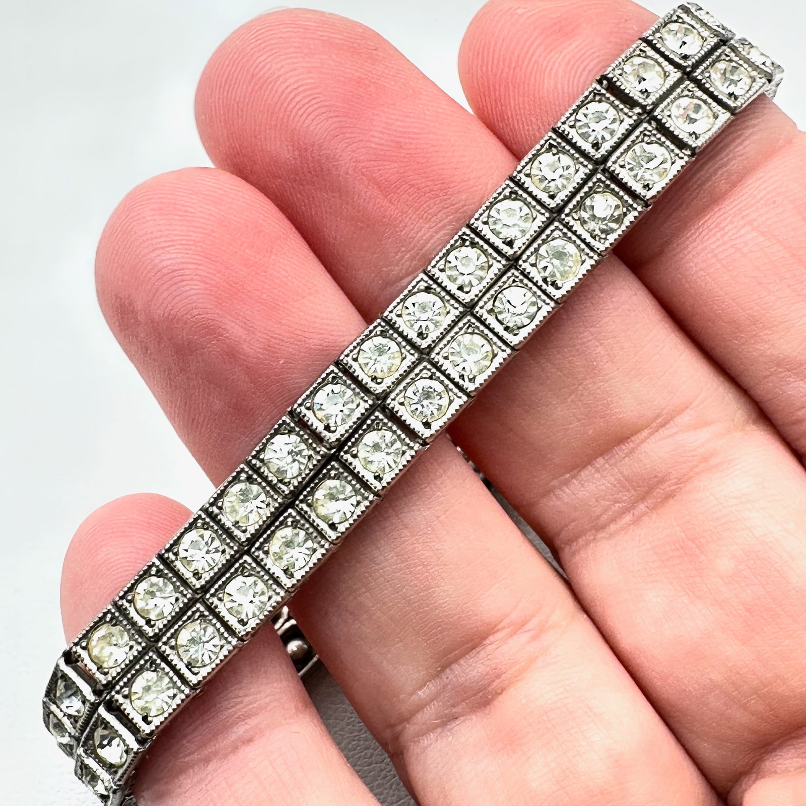 Vintage Diamond Bar Brand Sterling Silver Clear Rhinestone Bracelet 7 Inch Weight 20 Grams (1 of 2)