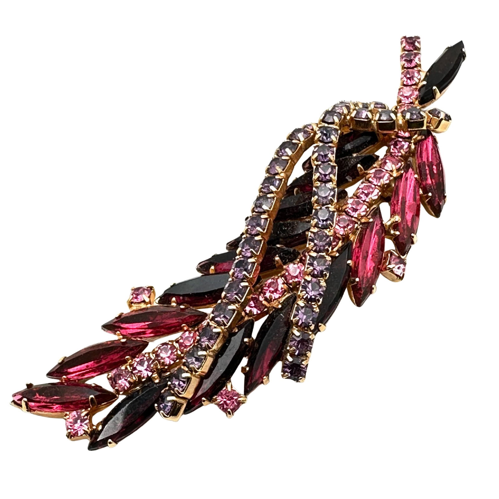 Vintage Unsigned Eisenberg Pink and Purple Glass Rhinestone Gold Tone Brooch Pin 3.5 Inch: Vintage Unsigned Eisenberg Pink and Purple Glass Rhinestone Gold Tone Brooch Pin 3.5 Inch