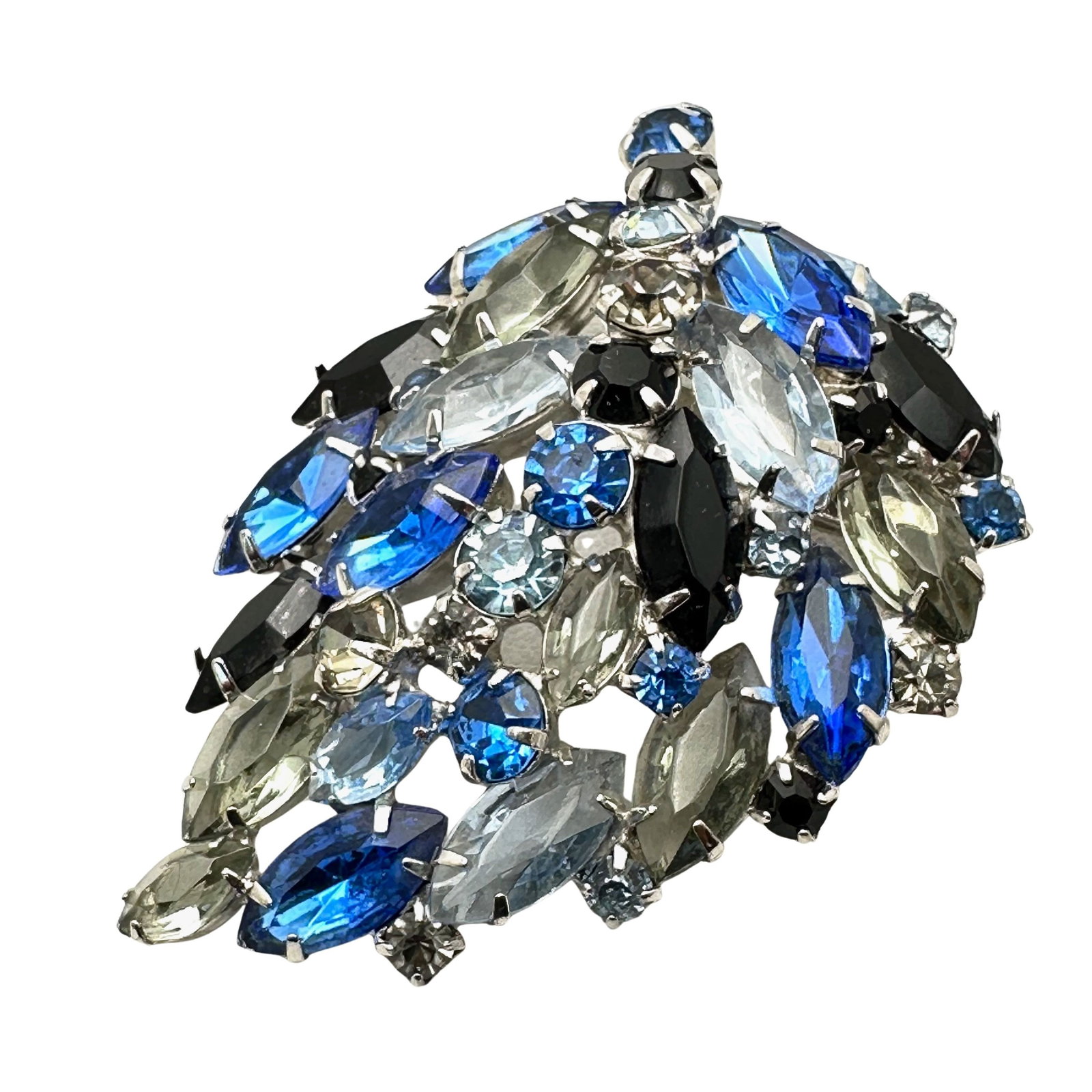 Vintage Unsigned Light and Dark Blue Glass Rhinestone Silver Tone Brooch Pin 3 Inch: Vintage Unsigned Light and Dark Blue Glass Rhinestone Silver Tone Brooch Pin 3 Inch