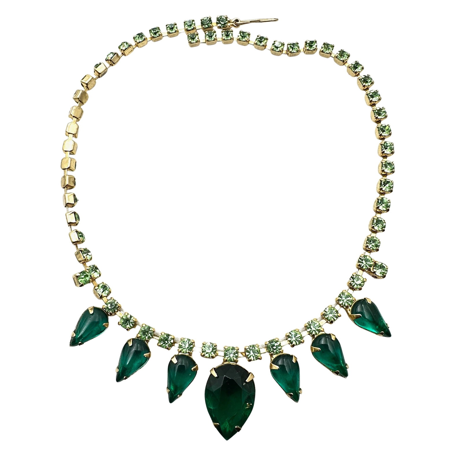Vintage Light and Dark Green Glass Rhinestone Gold Tone Necklace 16 Inch Length: Vintage Light and Dark Green Glass Rhinestone Gold Tone Necklace 16 Inch Length