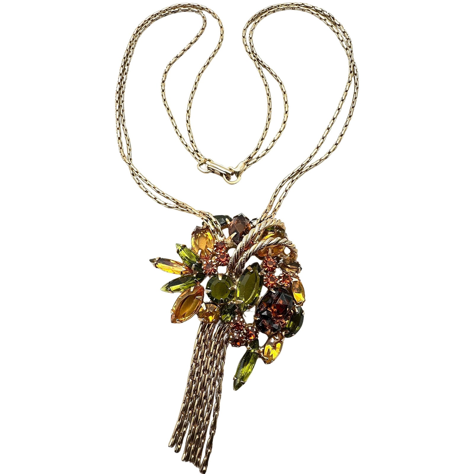 Vintage Unsigned Alice Caviness Amber Green Orange Glass Rhinestone Gold Tone Pendant Necklace 18: Vintage Unsigned Alice Caviness Amber Green Orange Glass Rhinestone Gold Tone Pendant Necklace 18 Inch Wearable Length