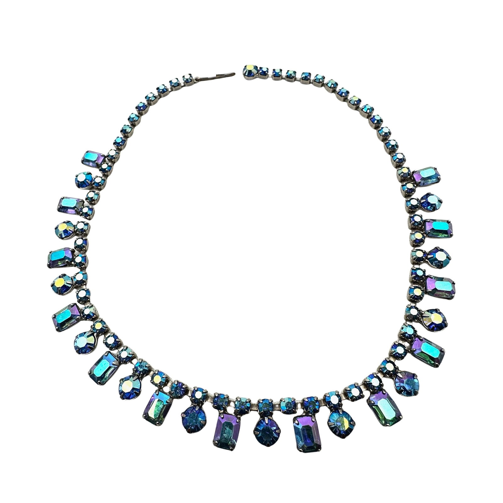 Vintage Blue Glass Aurora Borealis Glass Rhinestone Silver Tone Necklace 15 Inch: Vintage Blue Glass Aurora Borealis Glass Rhinestone Silver Tone Necklace 15 Inch