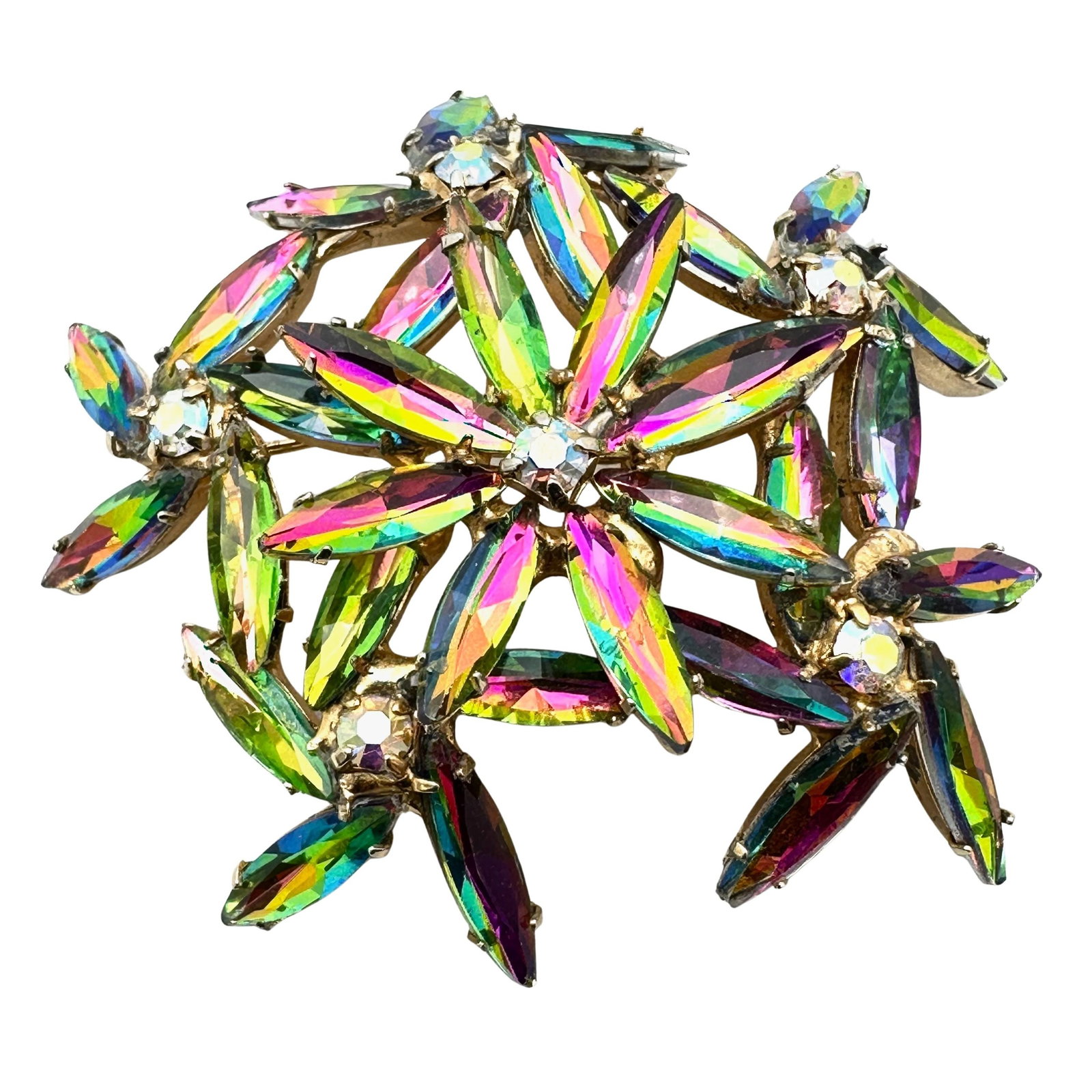 Vintage Bright Rivoli Colored Glass Rhinestone Gold Tone Brooch Pin 2.5 Inch: Vintage Bright Rivoli Colored Glass Rhinestone Gold Tone Brooch Pin 2.5 Inch