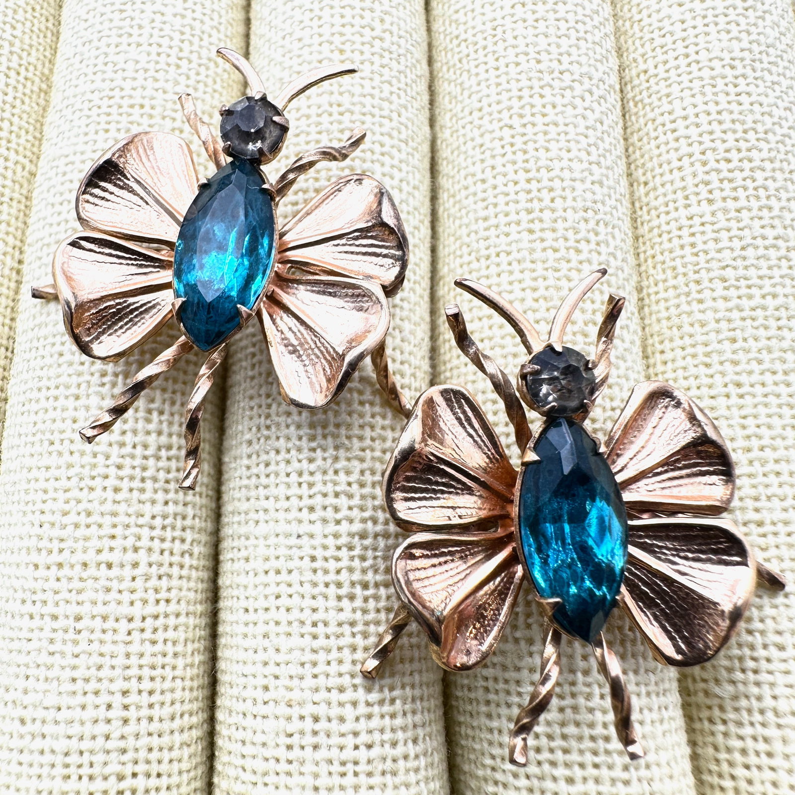 Vintage 12K Gold Filled Plue Rhinestone Butterfly Bug Pair of Brooches Pins 1.25 Inch Each (1 of 2)