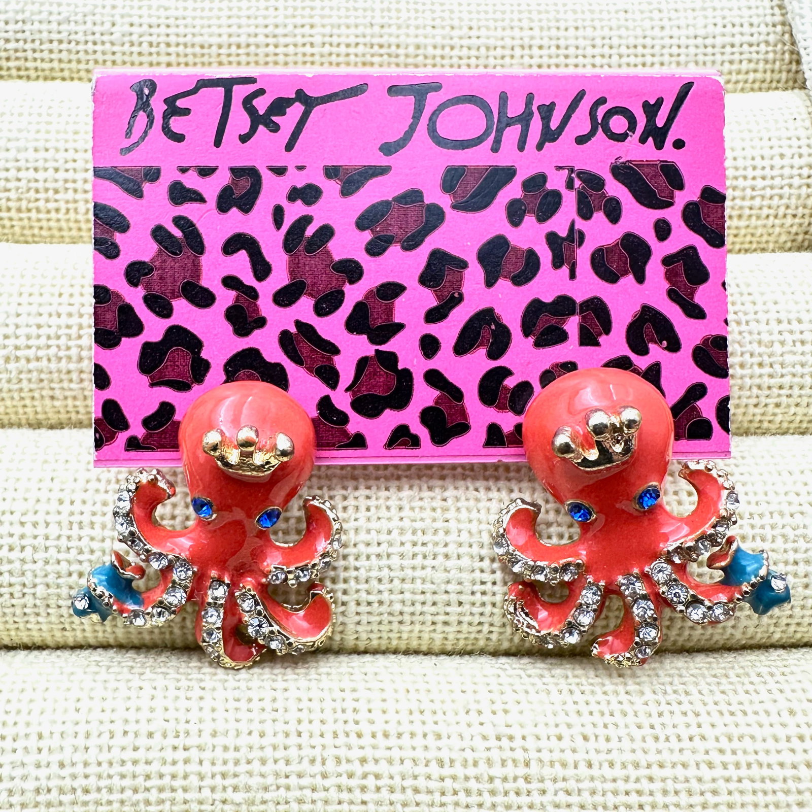Betsy Johnson Fun Orange Octopus Enamel Crystal Gold Tone Pierced Earrings on Original Card (1 of 2)