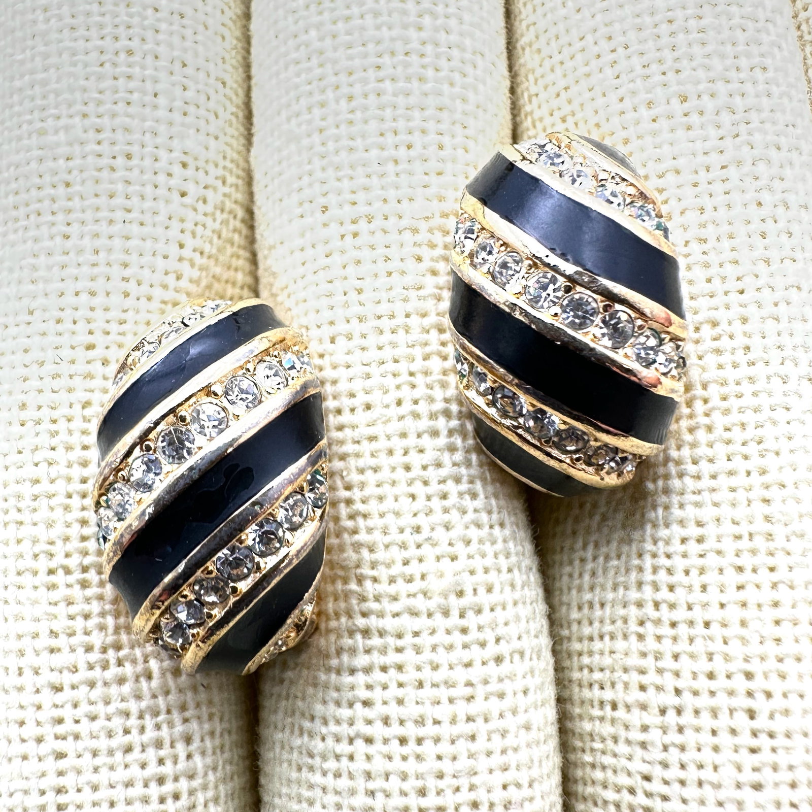 Vintage Christian Dior Black Enamel Clear Rhinestone Gold Tone Clip Earrings 1 Inch: Vintage Christian Dior Black Enamel Clear Rhinestone Gold Tone Clip Earrings 1 Inch