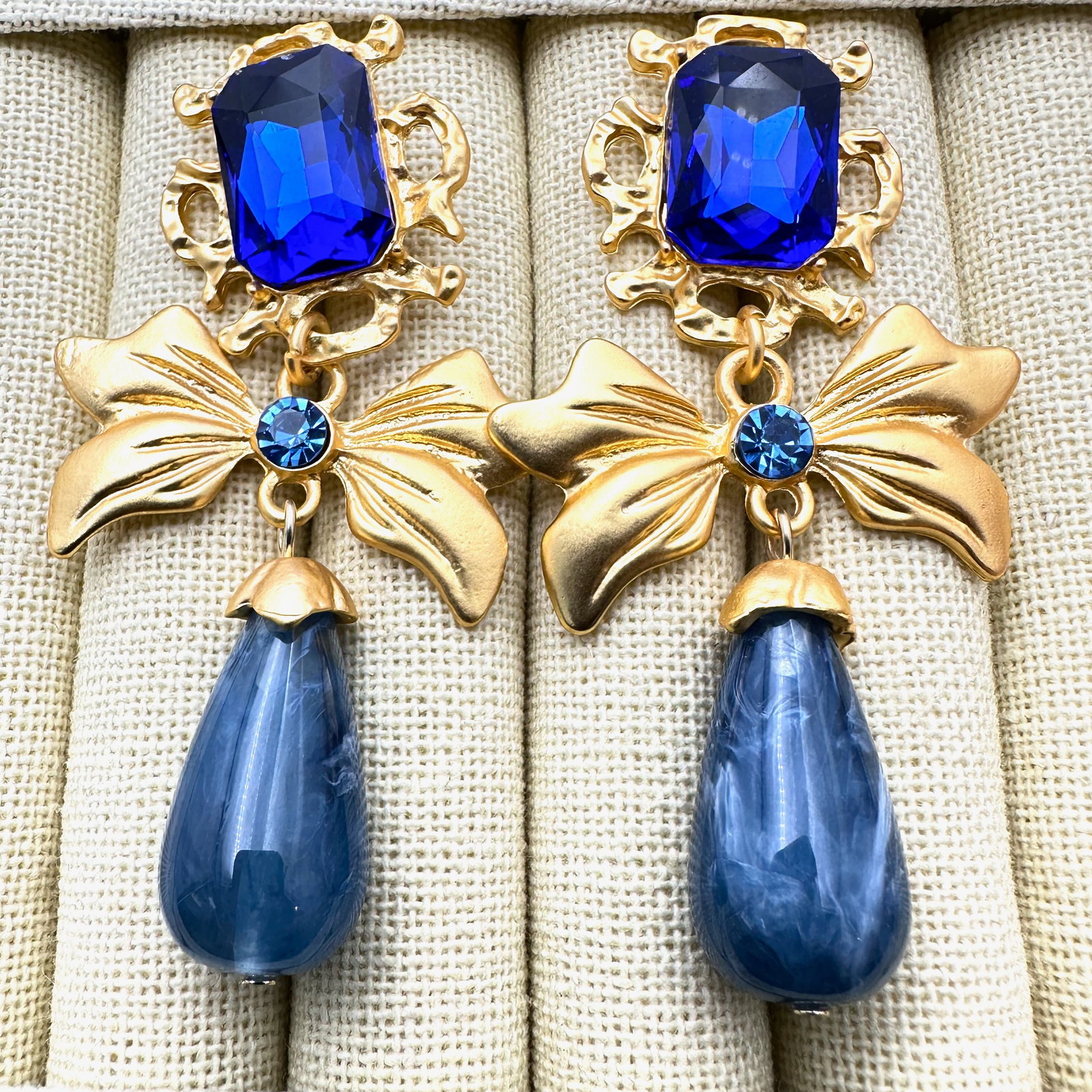 Matte Gold Tone Blue Rhinestone 3 Inch Chandelier Pierced Earrings (1 of 2)