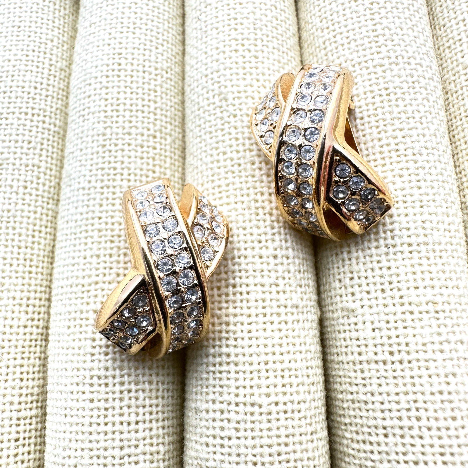 Vintage Christian Dior Clear Glass Rhinestone Gold Tone "X" Design Clip Earrings: Vintage Christian Dior Clear Glass Rhinestone Gold Tone "X" Design Clip Earrings