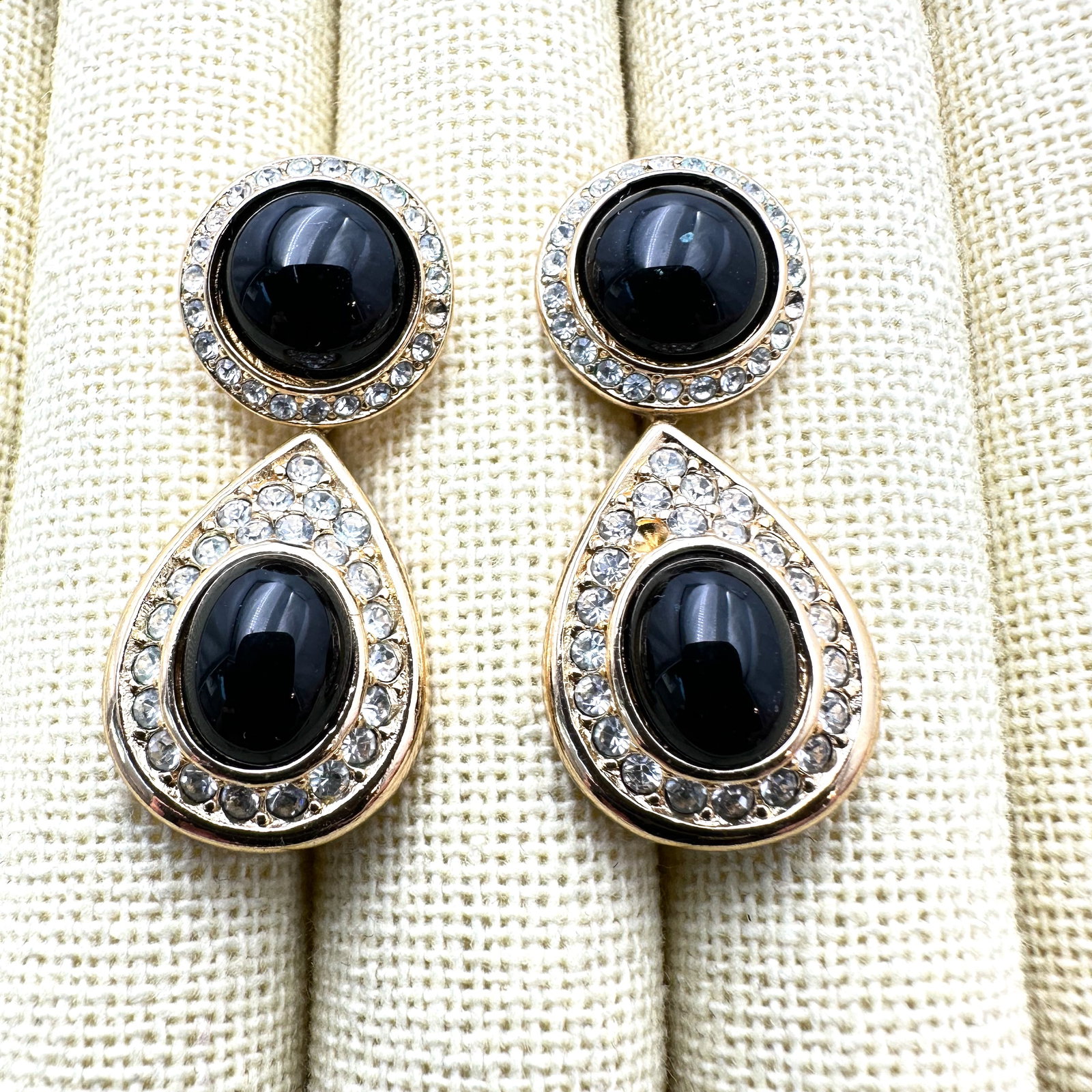 Vintage Christian Dior Clear Rhinestone Black Cabochon Gold Tone Clip Earrings: Vintage Christian Dior Clear Rhinestone Black Cabochon Gold Tone Clip Earrings