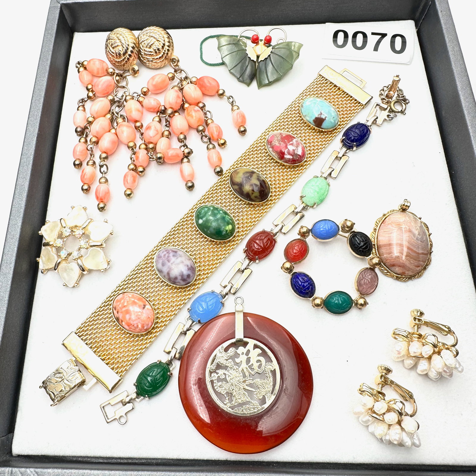 Vintage and Modern Jewelry Collection Group Gemstone Scarabs Faux Coral Earrings Carnelian Pendant (1 of 2)