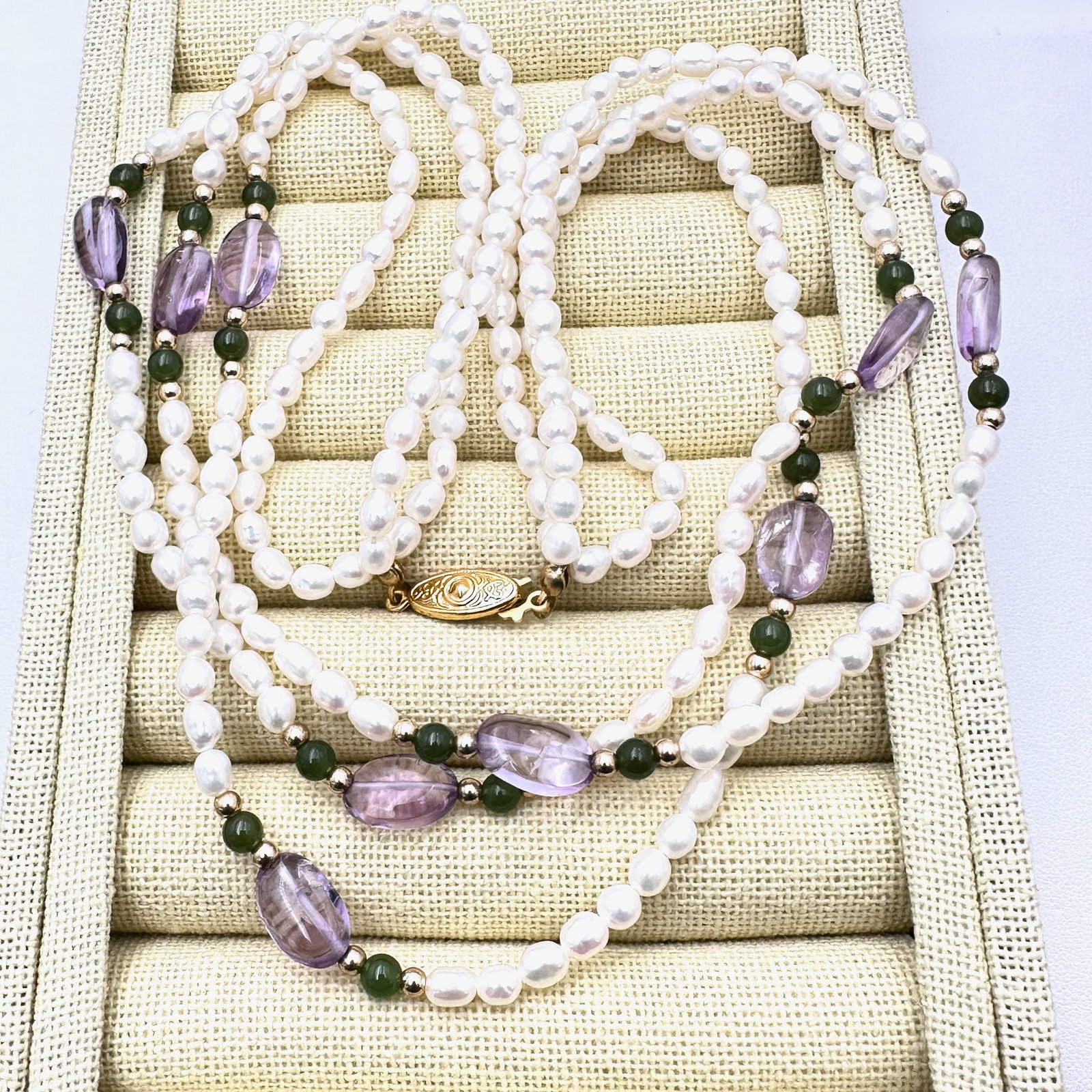 Vintage Amethyst Jade and Pearl Multi Strand Necklace 18 Inch Length (1 of 2)
