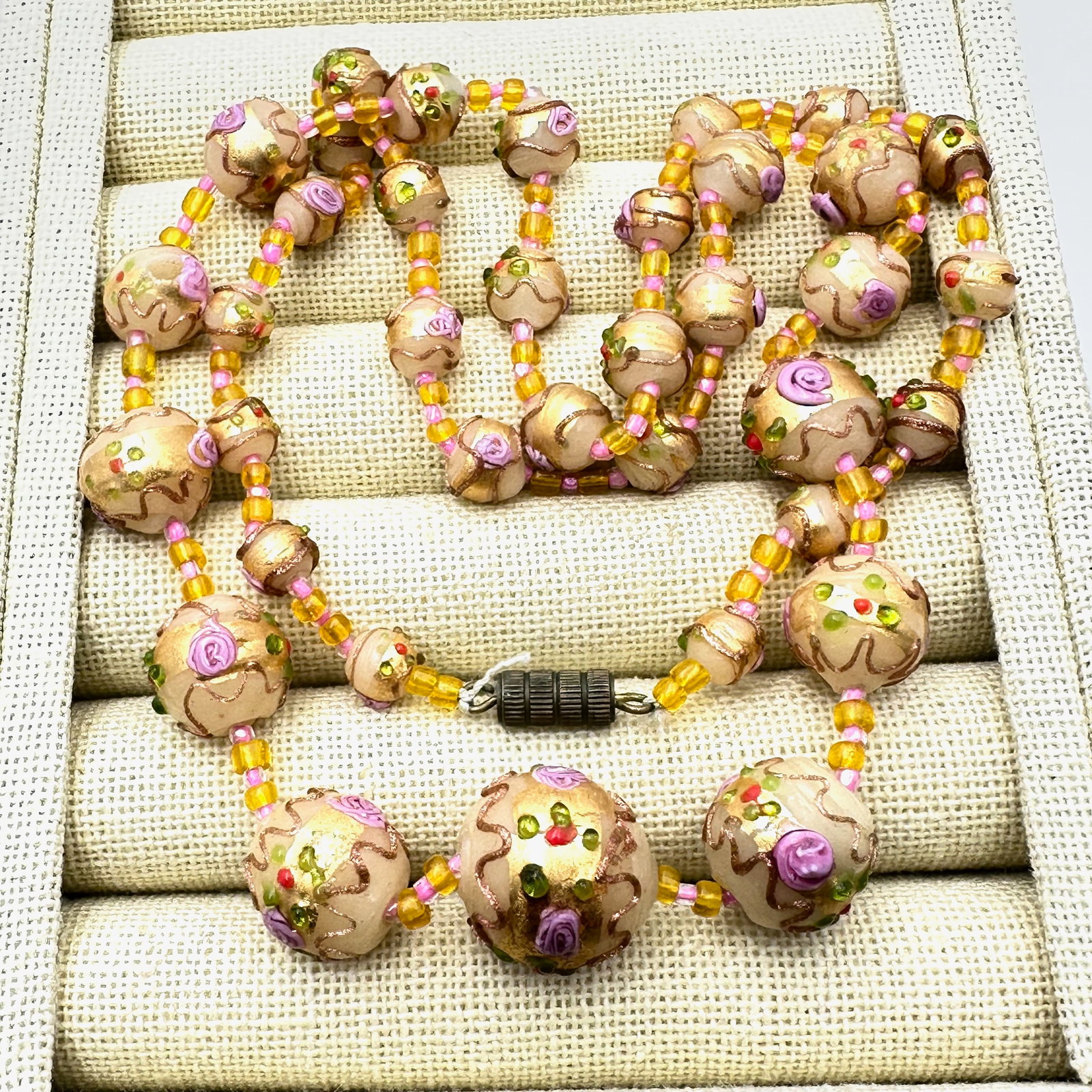 Antique Vintage Wedding Cake Venetian Glass Bead Necklace 24 Inch Length Pink Yellow (1 of 2)