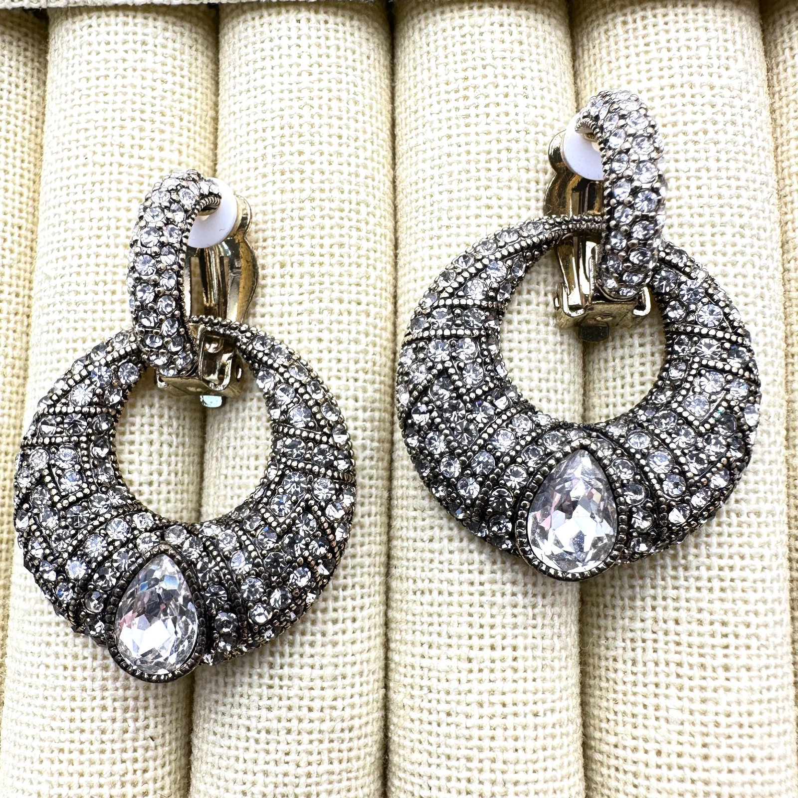 Heidi Daus Clear Crystal Bronze Tone Clip Earrings 1.75 Inch Length (1 of 2)