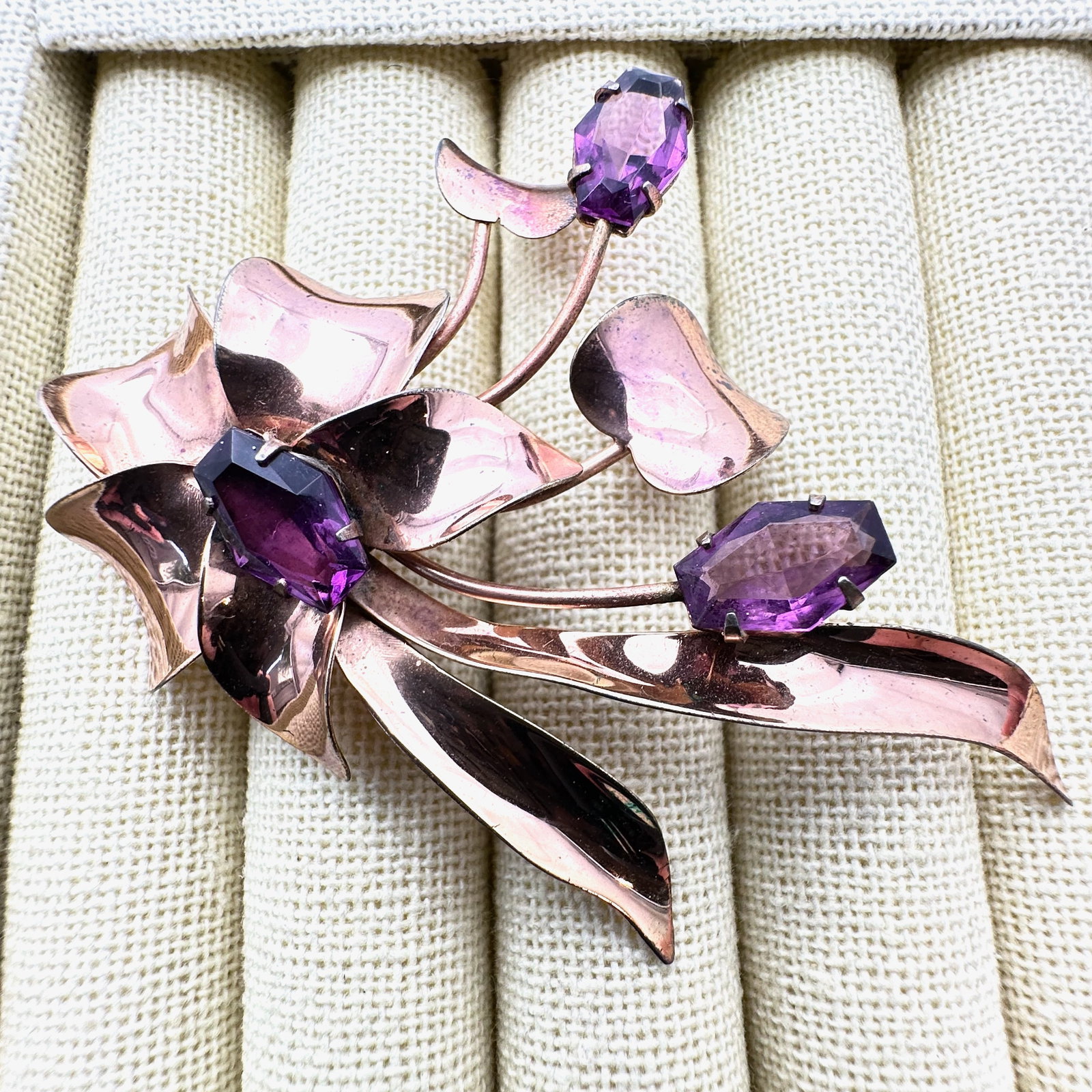 Vintage Sterling By Jordon Rose Gold Plated Sterling Silver Flower Brooch Pin Purple Glass: Vintage Sterling By Jordon Rose Gold Plated Sterling Silver Flower Brooch Pin Purple Glass Rhinestones 3 Inch