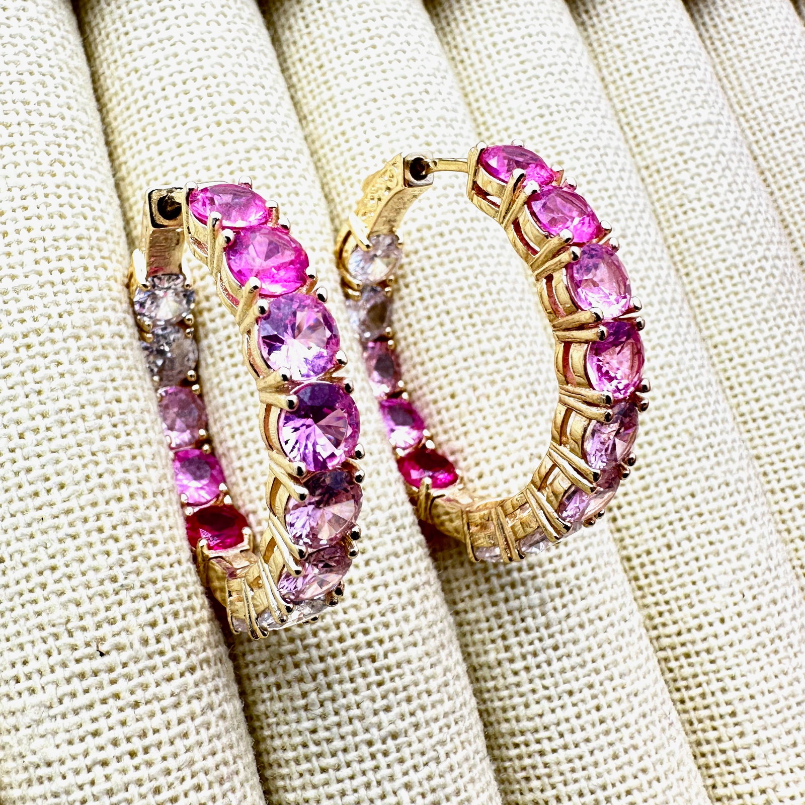 Pink Crystal Inside Outside 1.25 Inch Gold Plated Hoop Pierced Earrings Heavy Quality Made (1 of 2)