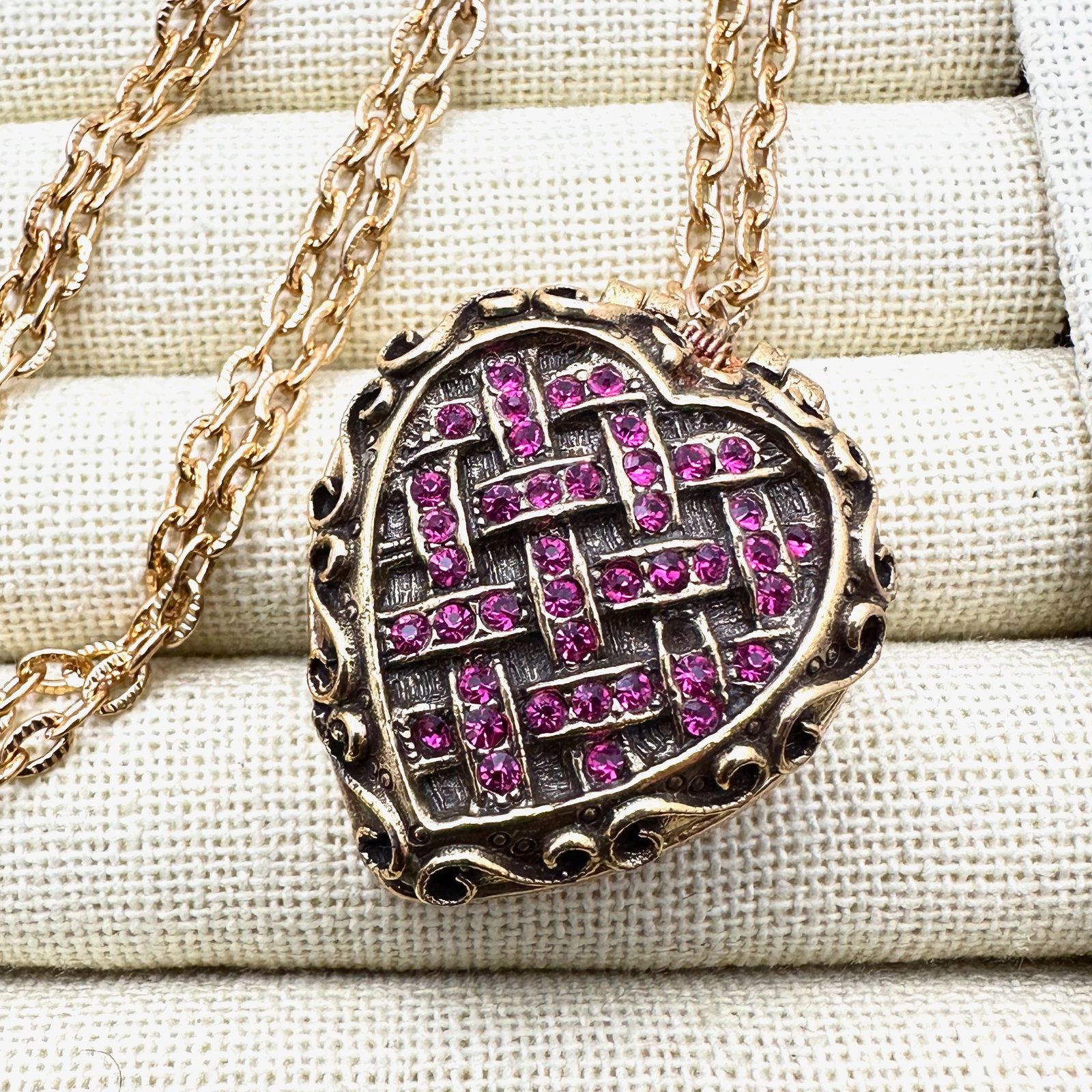 Vintage Schiaparelli Solid Perfume Pink Crystal Heart Pendant Necklace 18 Inch Chain (1 of 2)