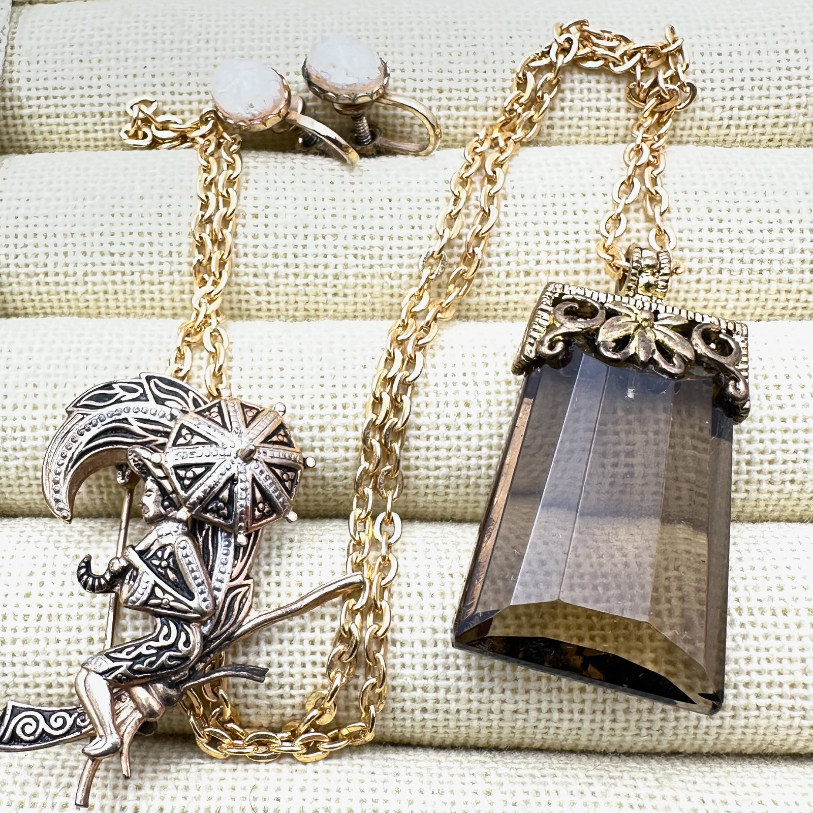 Vintage Jewelry Collection Amber Colored Glass Pendant Necklace Floating Opal Earrings Damascene (1 of 2)