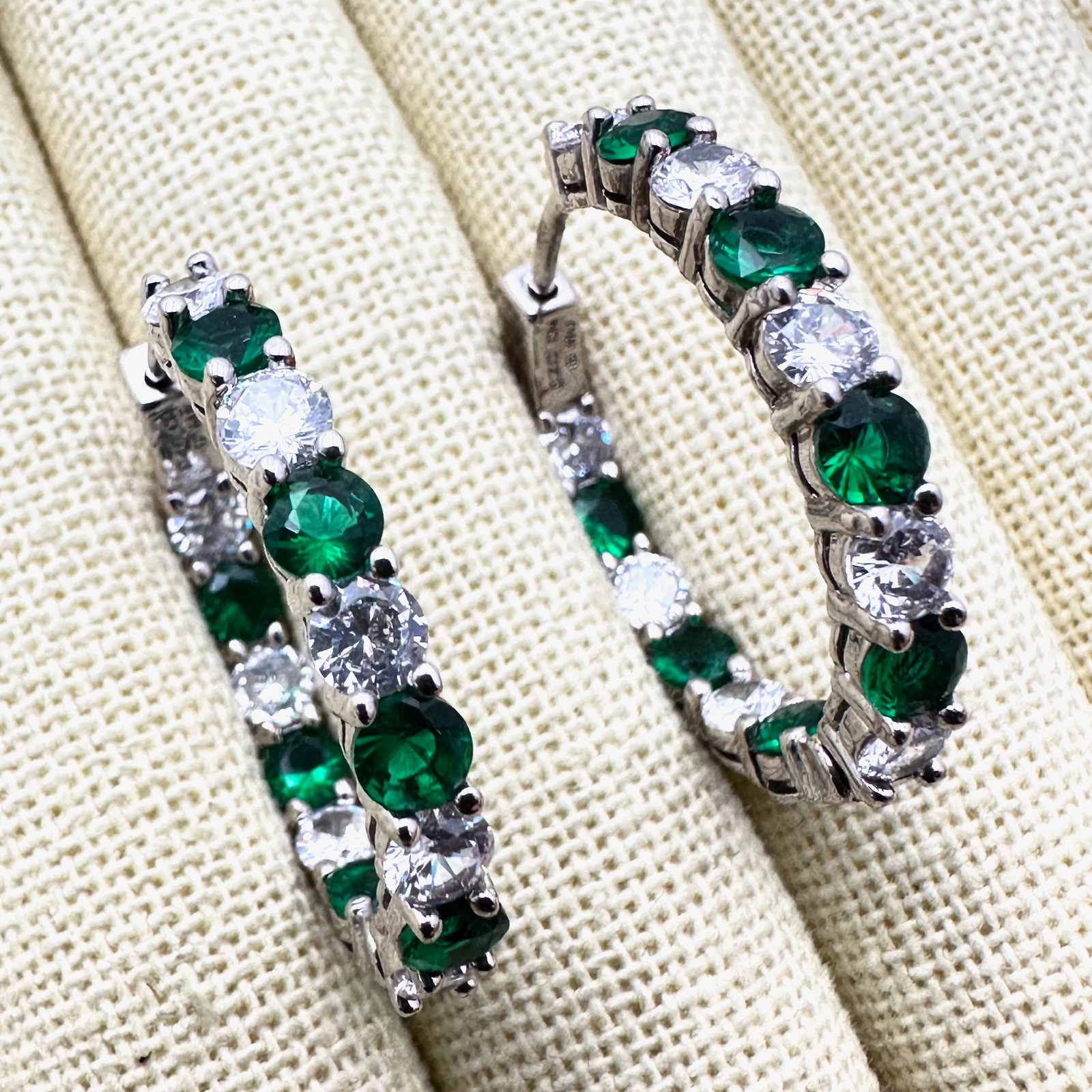 Green and Clear Crystal 1 Inch Inside Outside Pierced Hoop Earrings Silver Plated Heavy Quality Made (1 of 2)