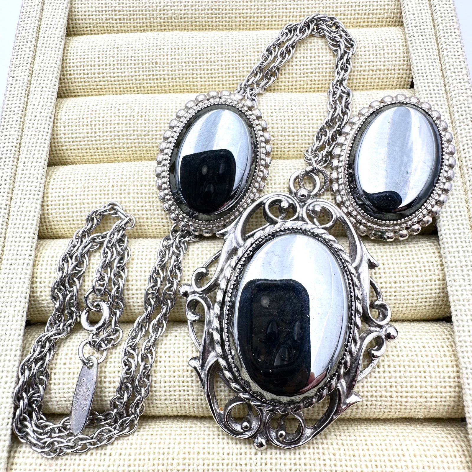 Vintage Whiting and Davis Hematite Silver Tone Pendant Necklace and Clip Earrings Set (1 of 2)