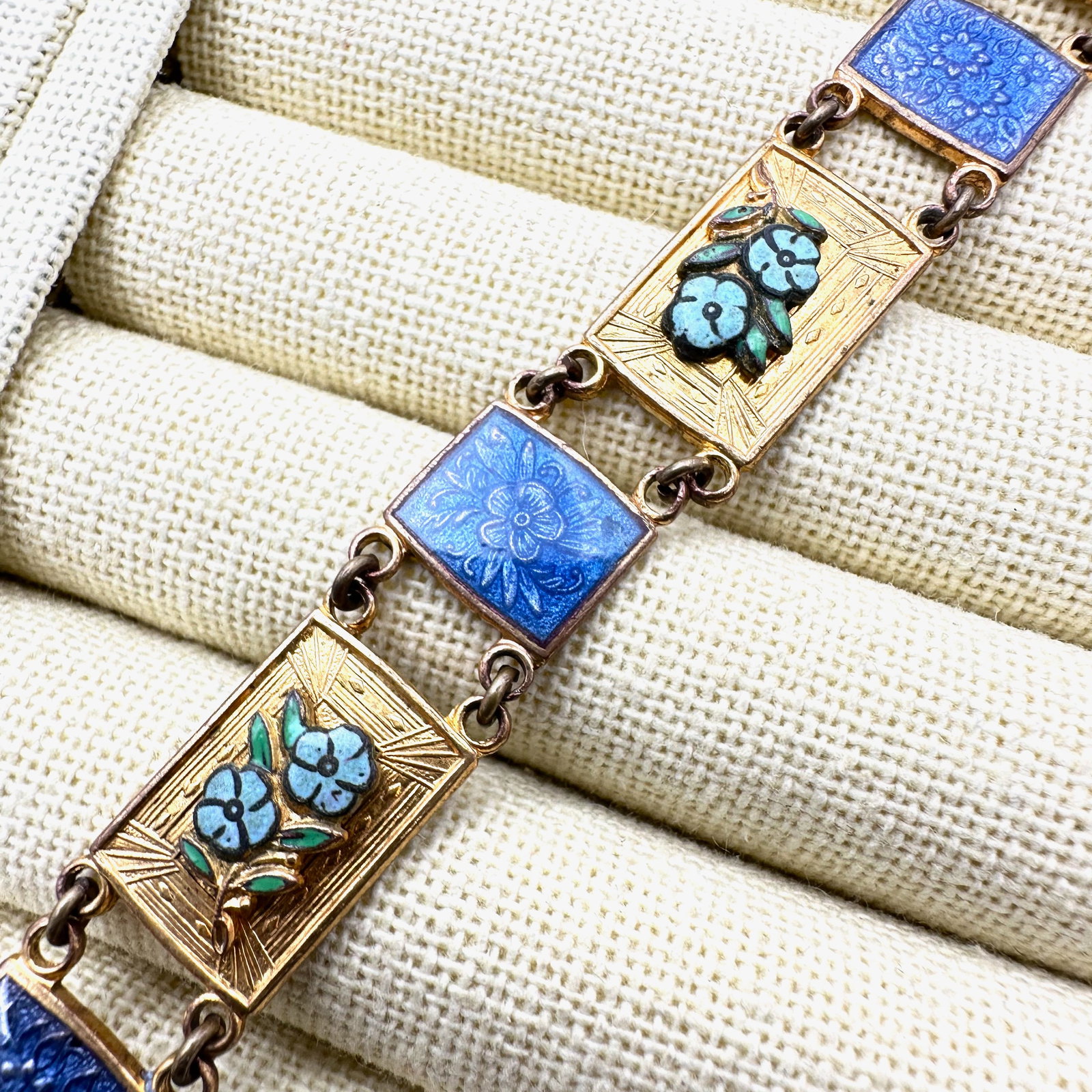 Antique Vintage Blue Enamel Flower Design Panel Gold Tone Bracelet 7 Inch (1 of 3)