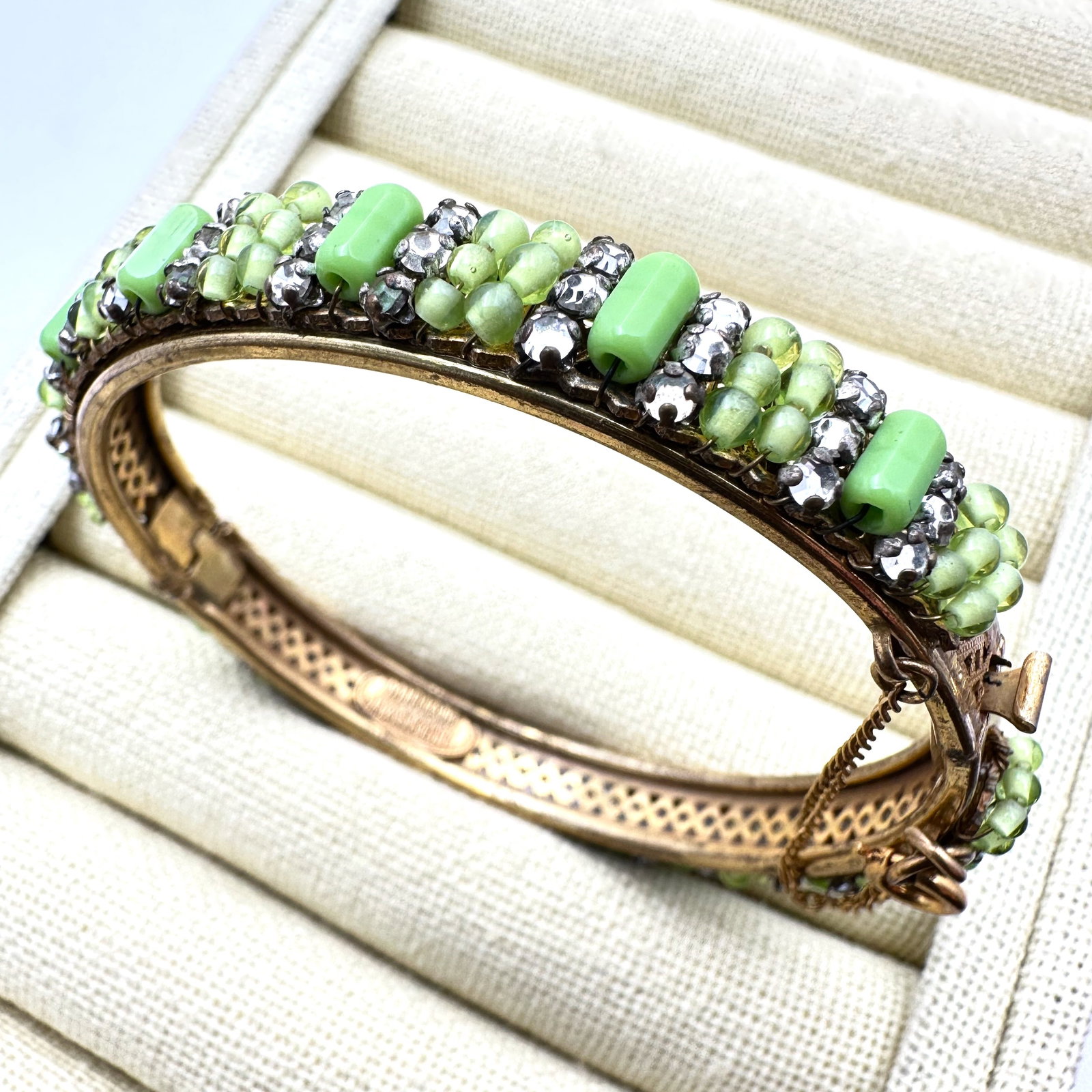 Vintage Miriam Haskell Green and Clear Glass Rhinestone Gold Tone Hinged Bangle Bracelet (1 of 2)