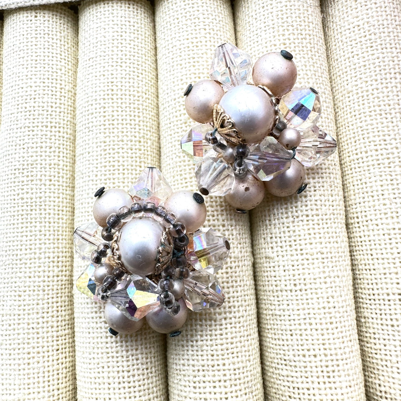 Vintage Vendome Crystal Faux Pearl Gold Tone Clip Earrings (1 of 2)