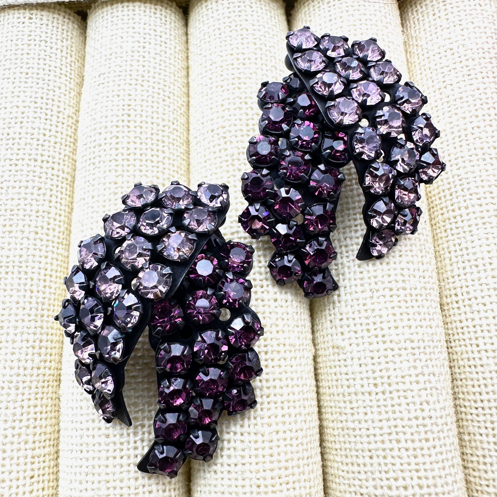Vintage Warner Light and Dark Purple Black Japanned Metal Clip Earrings: Vintage Warner Light and Dark Purple Black Japanned Metal Clip Earrings