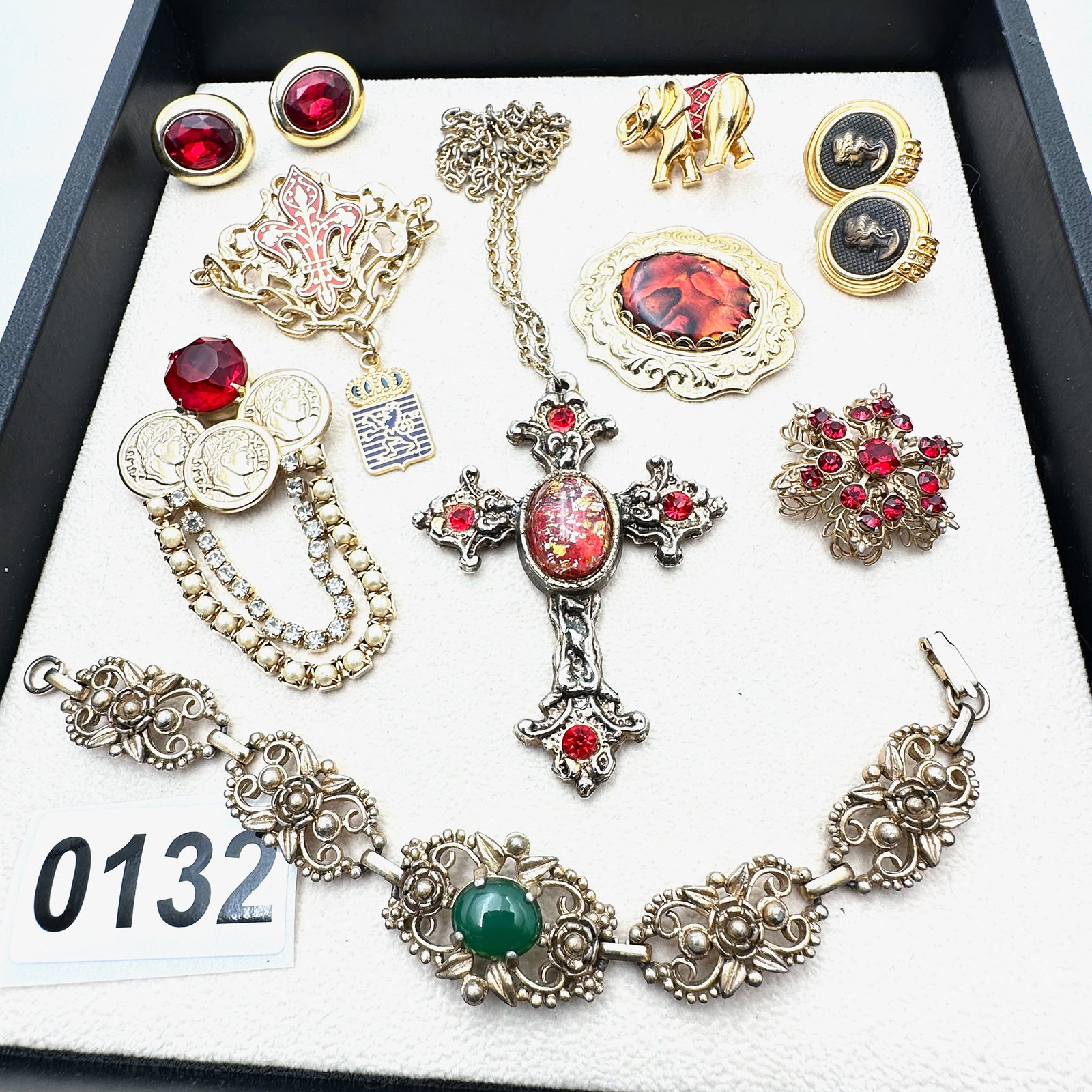 Vintage and Modern Jewelry Collection Group Gold Tone Red Rhinestone enamel Cross Necklace Coins: Vintage and Modern Jewelry Collection Group Gold Tone Red Rhinestone enamel Cross Necklace Coins Elephant