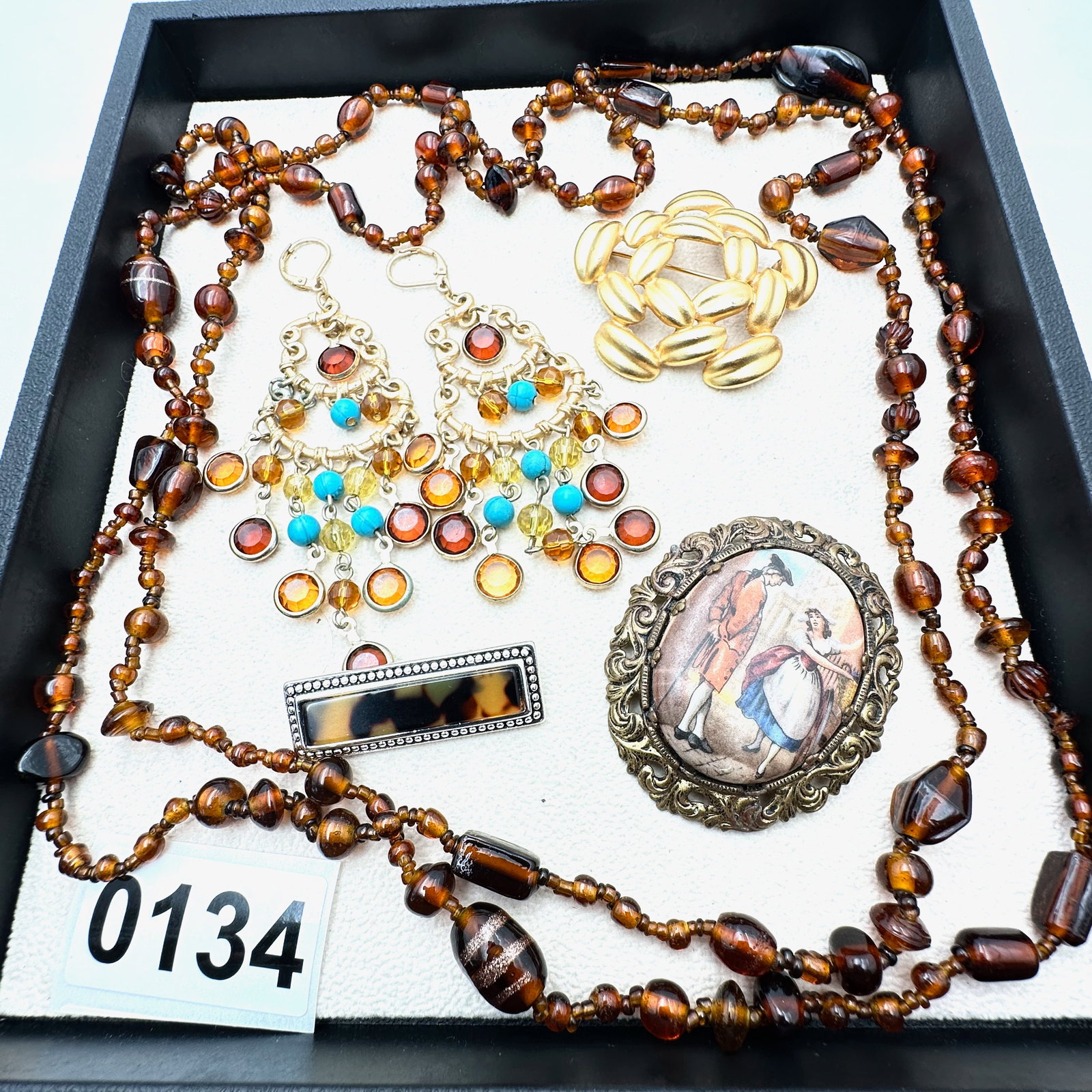 Vintage and Modern Jewelry Collection Group Amber Art Glass Bead Necklace Chandelier Earrings: Vintage and Modern Jewelry Collection Group Amber Art Glass Bead Necklace Chandelier Earrings Portrait Brooch Pin