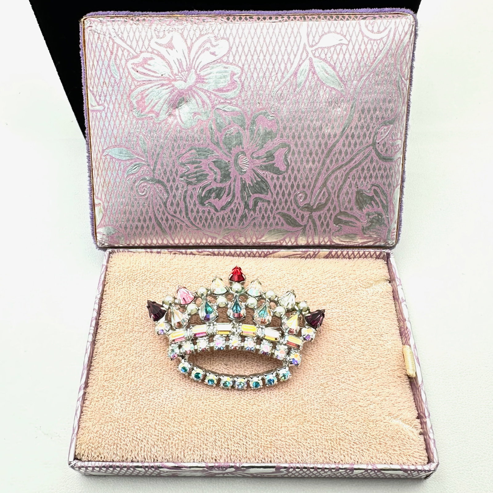 Vintage B. David Multicolor Aurora Borealis Crystal Silver Tone Crown Brooch Pin in Original Box: Vintage B. David Multicolor Aurora Borealis Crystal Silver Tone Crown Brooch Pin in Original Box