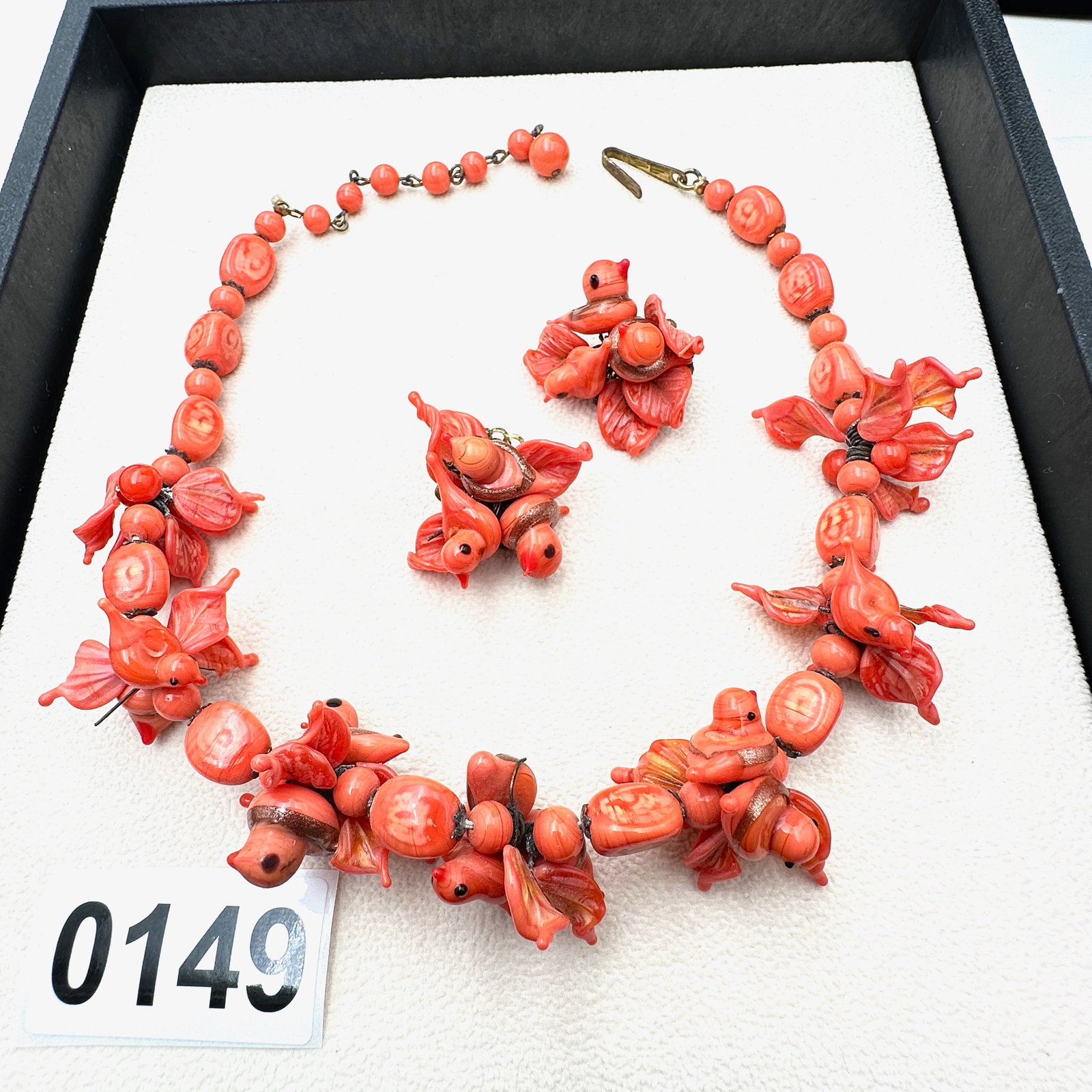 Antique Venetian Art Glass Coral Colored Birds Necklace and Clip Earrings (1 of 2)