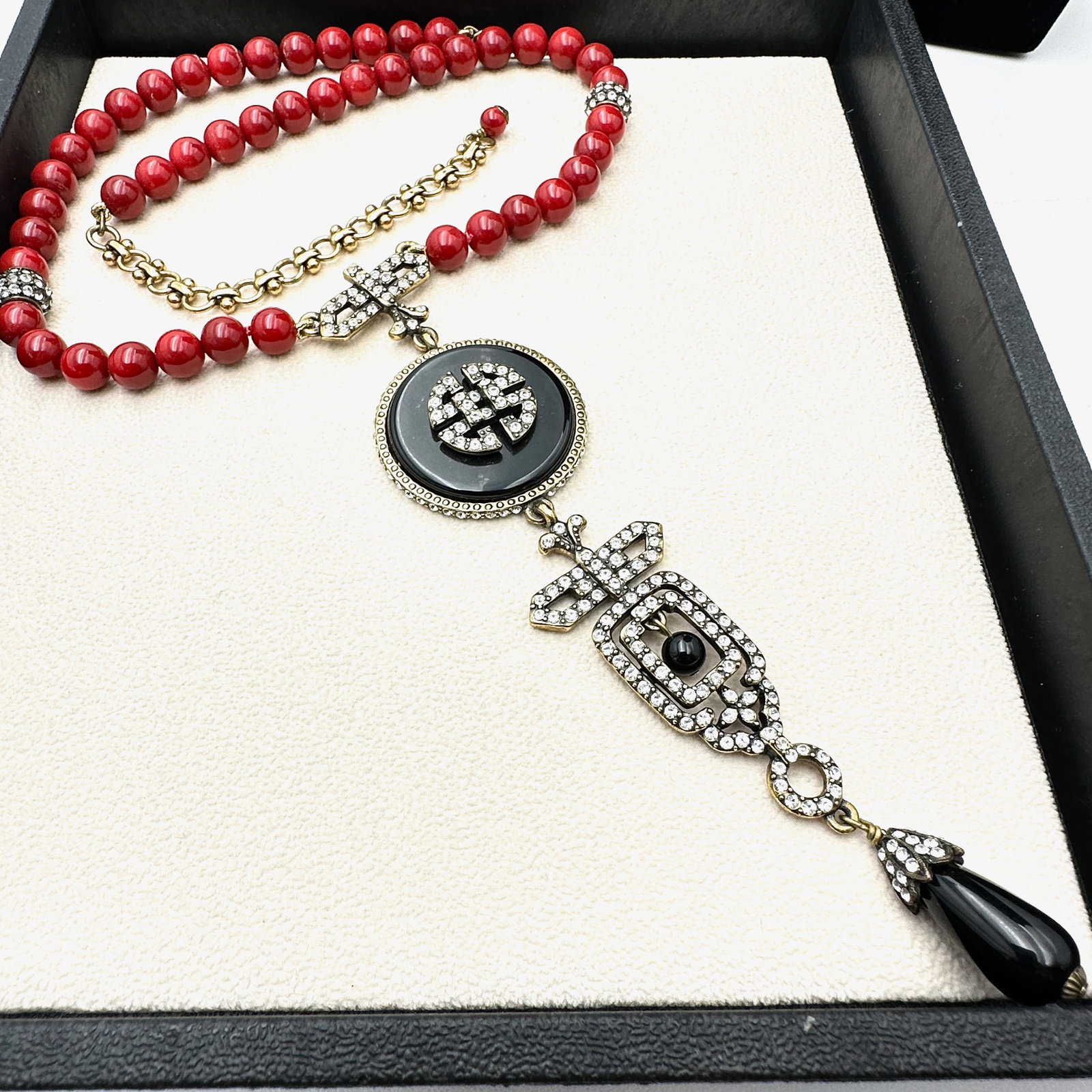 Heidi Daus Art Deco Design Necklace Red Glass Beads Clear Crystal Statement Necklace (1 of 2)