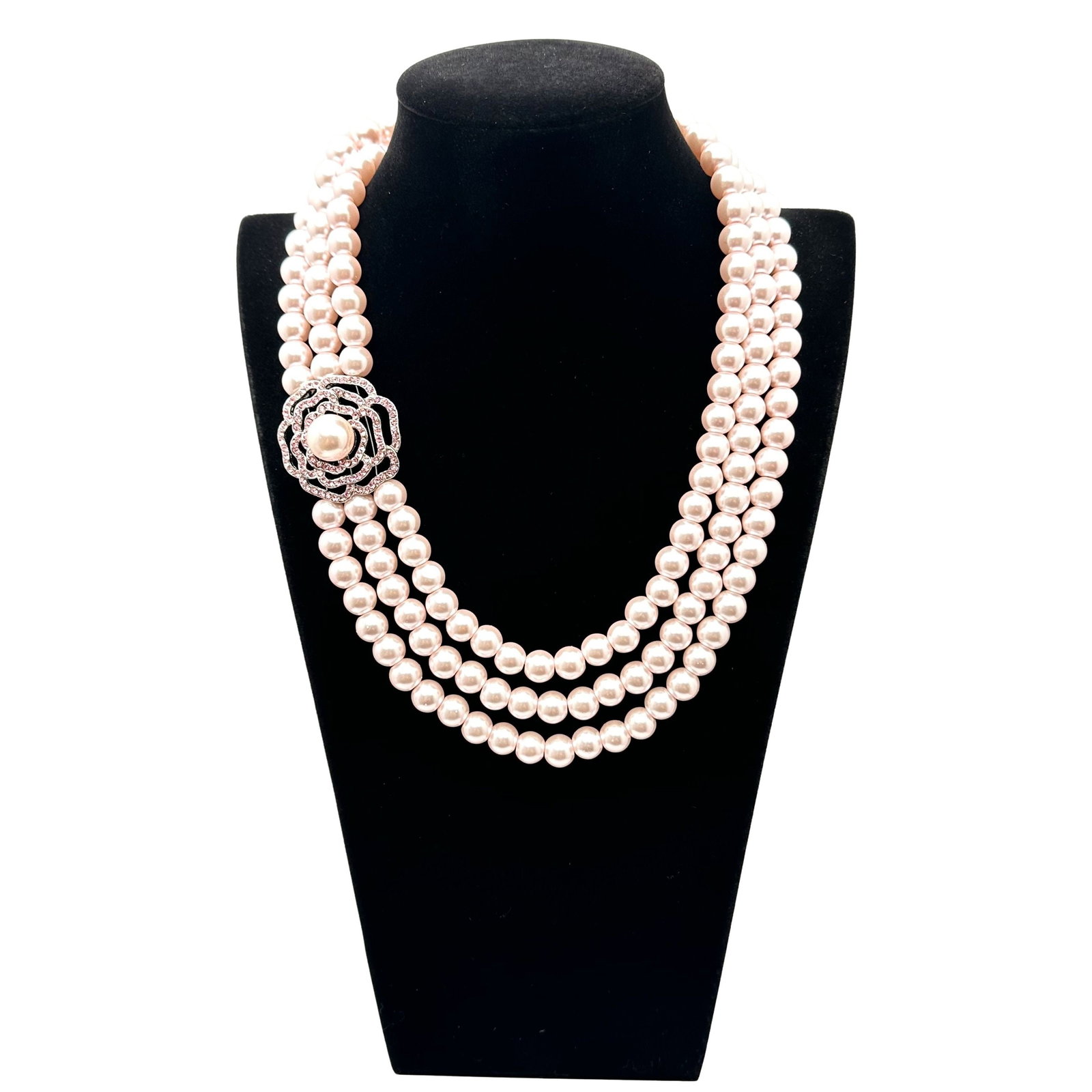 Pink Faux Glass Pearl Triple Strand Necklace Pink Crystal Flower Accent: Pink Faux Glass Pearl Triple Strand Necklace Pink Crystal Flower Accent