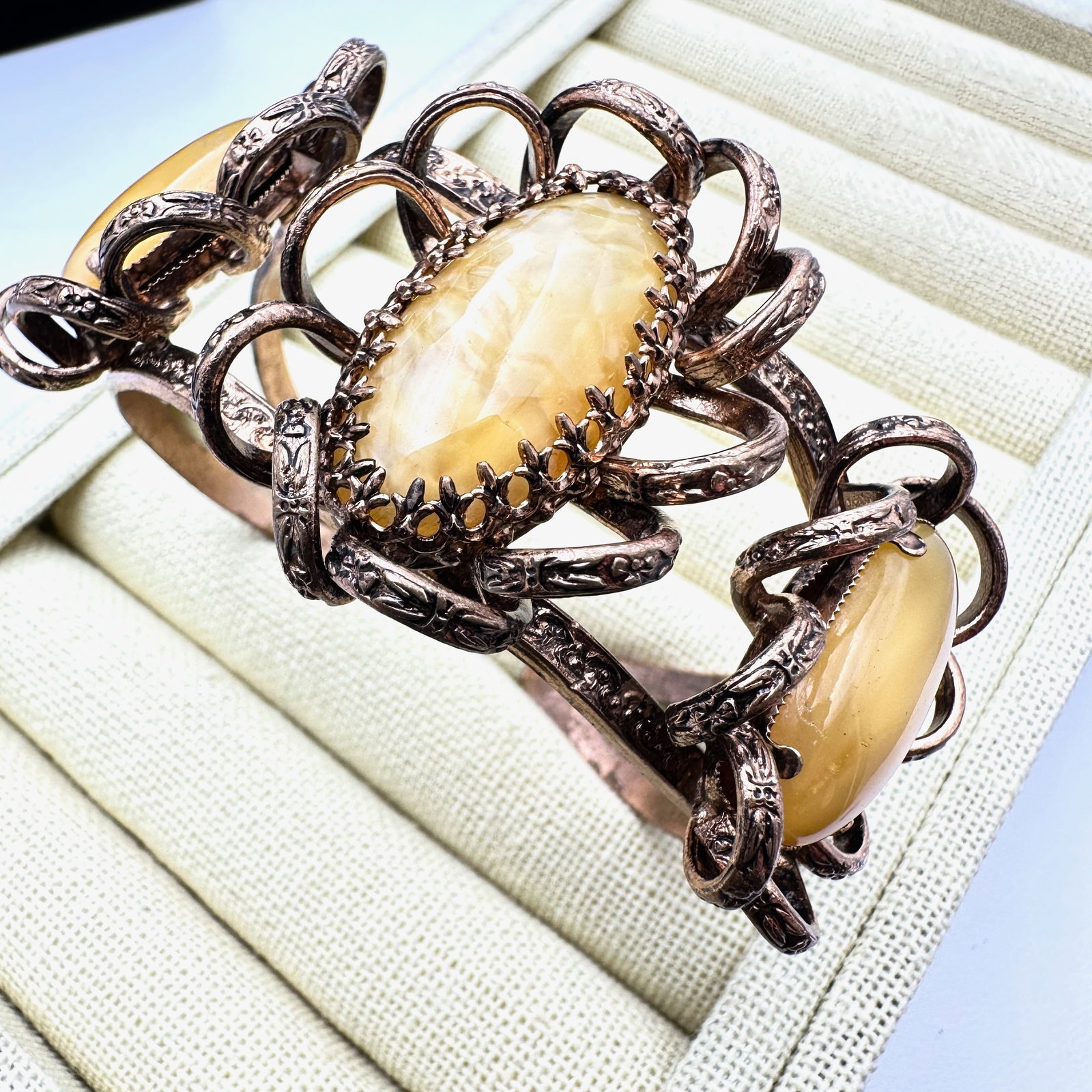 Vintage Made in Austria Yellow Art Glass Cabochon Antiqued Gold Tone Cuff Bracelet (1 of 2)