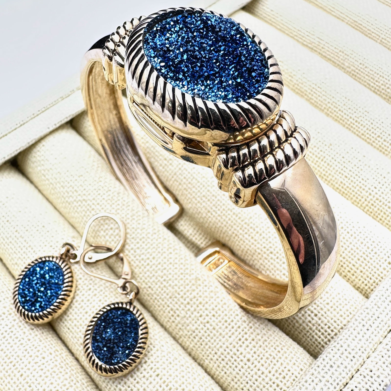 Gem Essence Blue Drusy Quartz Gold Plated Watch Bracelet and Matching Pierced Earrings (1 of 2)