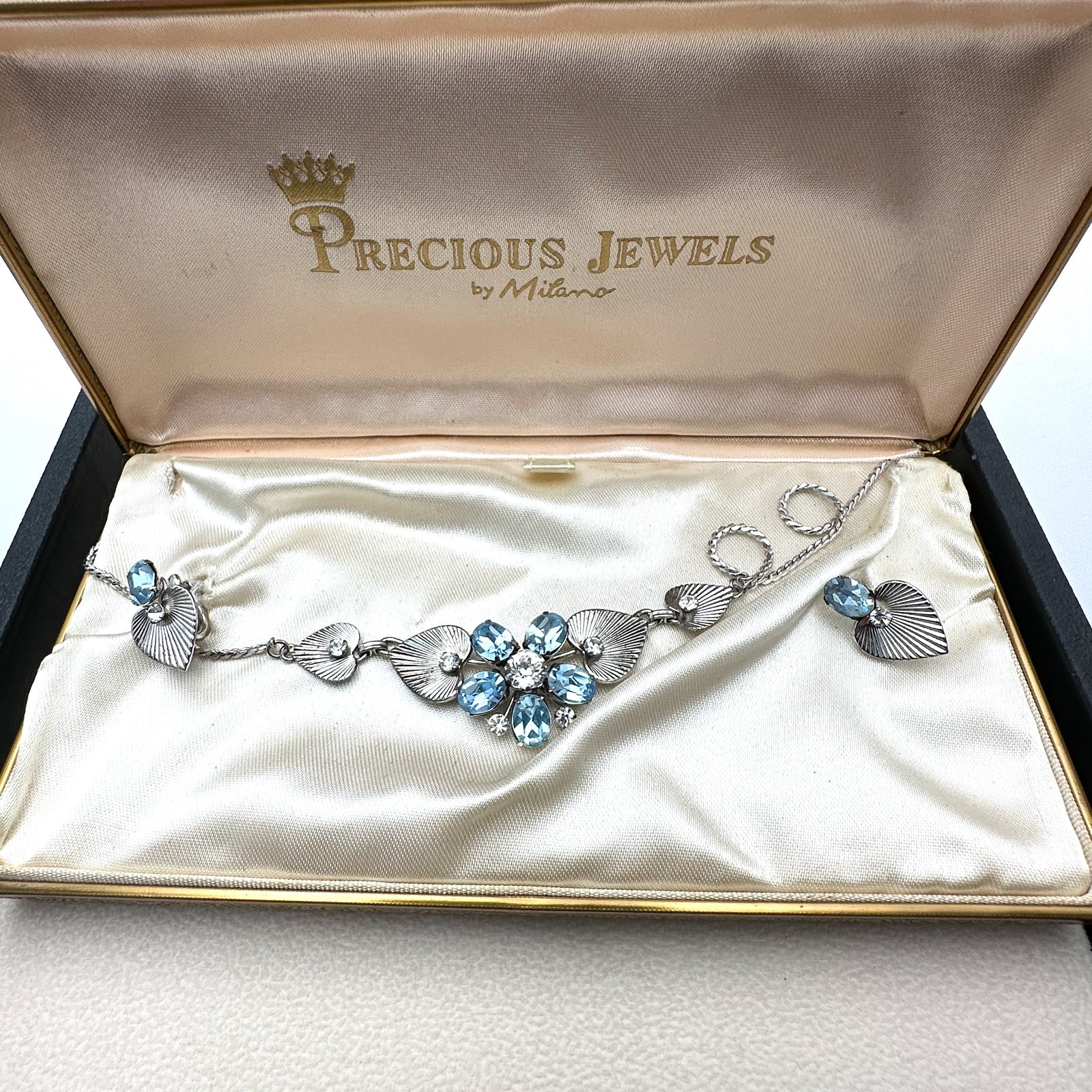 Vintage Precious Jewels by Milana Blue Rhinestone Silver Tone Necklace and Earrings in Original Box (1 of 2)