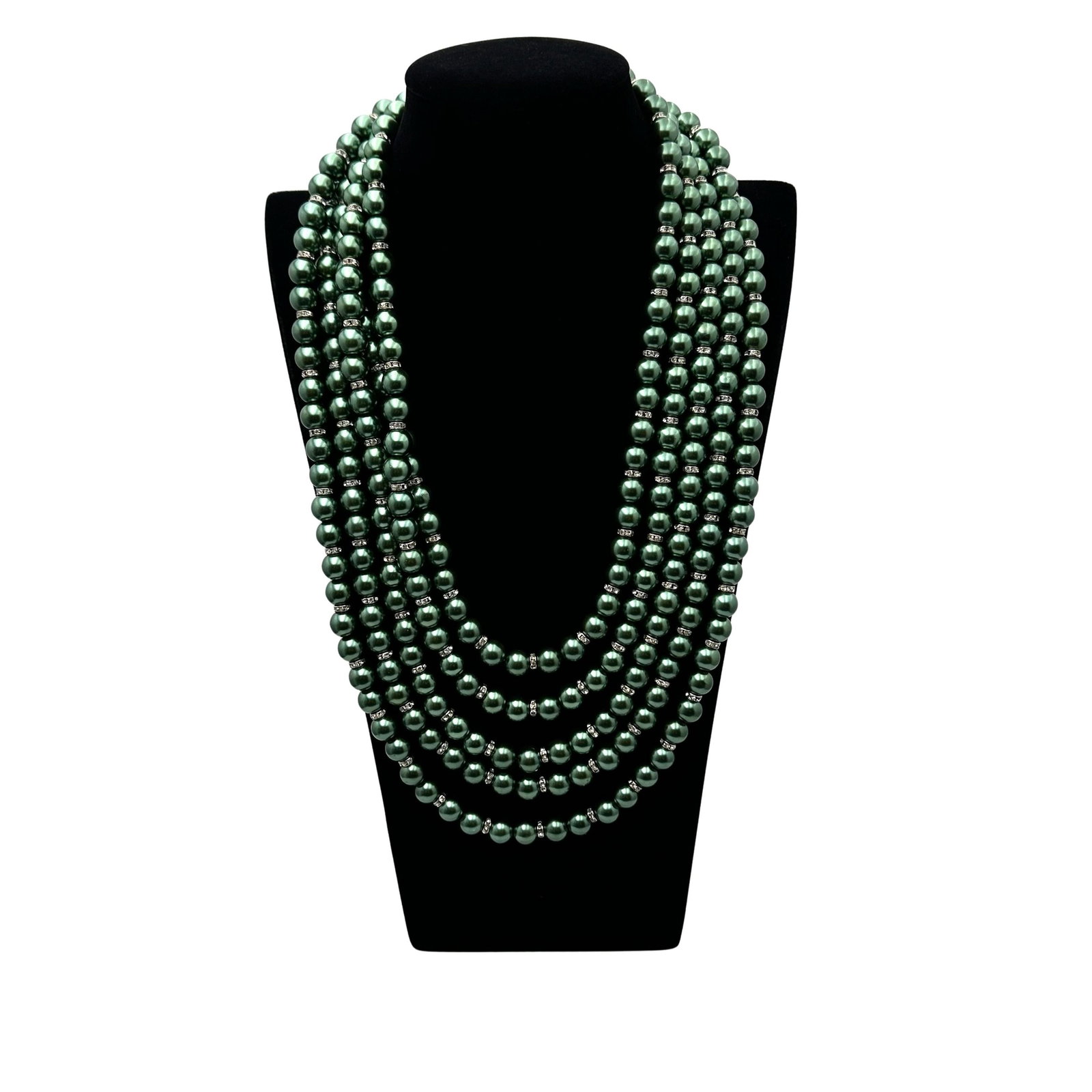 Green Glass Faux Pearls Clear Rhinestone Rondelle Multi Strand Necklace Wearable 20 to 22 Inch Heavy: Green Glass Faux Pearls Clear Rhinestone Rondelle Multi Strand Necklace Wearable 20 to 22 Inch Heavy Quality