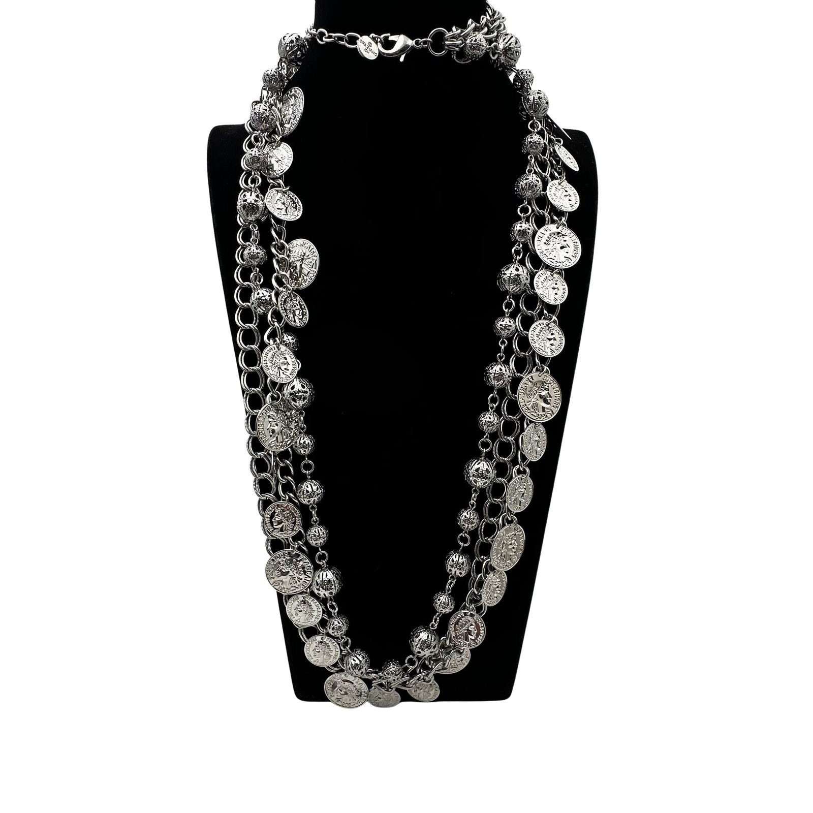 Graziano Silver Tone Coin Filigree Bead Multi Strand Necklace 30 Inch Length (1 of 2)
