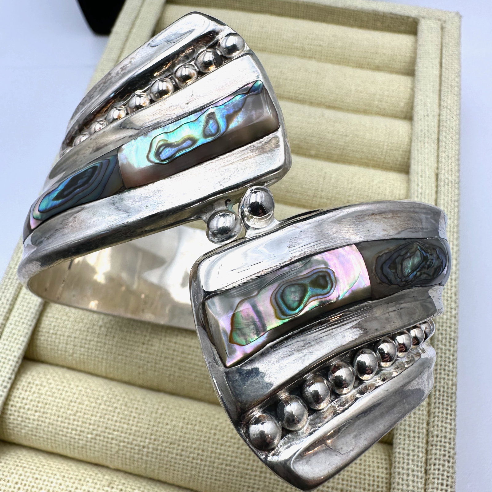 Vintage Silver Plated Inlay Abalone By Pass Statement Bracelet: Vintage Silver Plated Inlay Abalone By Pass Statement Bracelet