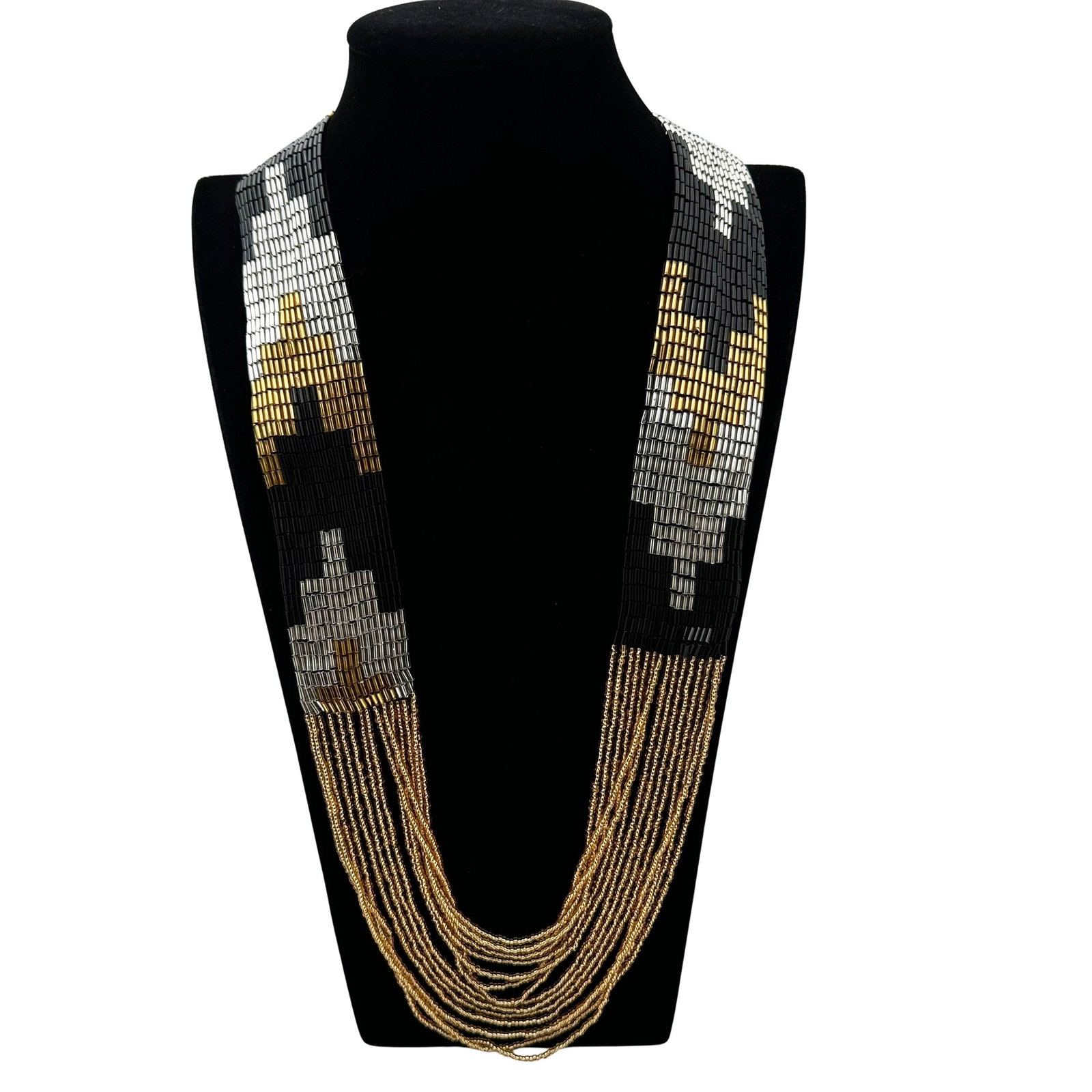 Black Gold Silver Woven Glass Bead Necklace 28 Inch Wearable Length (1 of 2)