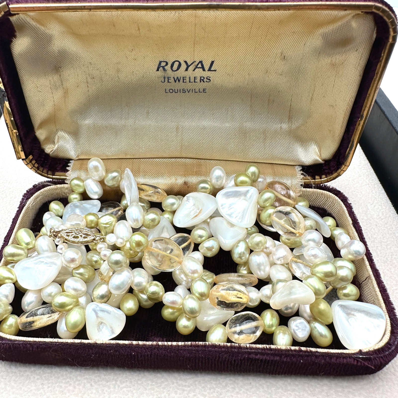 Vintage 14K Gold Clasp Pearl and Gemstone Necklace Box Included: Vintage 14K Gold Clasp Pearl and Gemstone Necklace Box Included