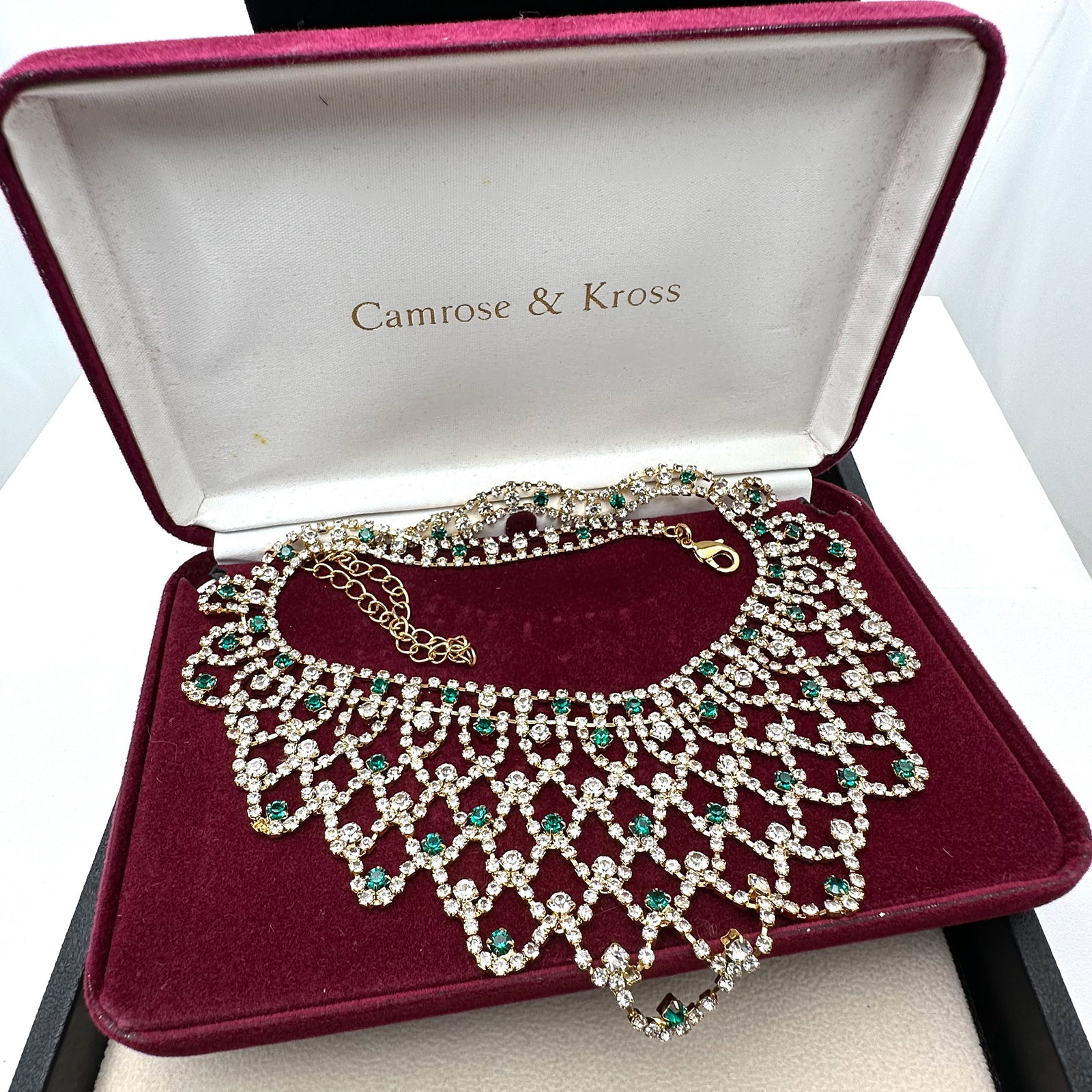 Vintage Camrose & Kross Jackie Kennedy Replica Green Clear Rhinestone Gold Tone Necklace Box (1 of 2)