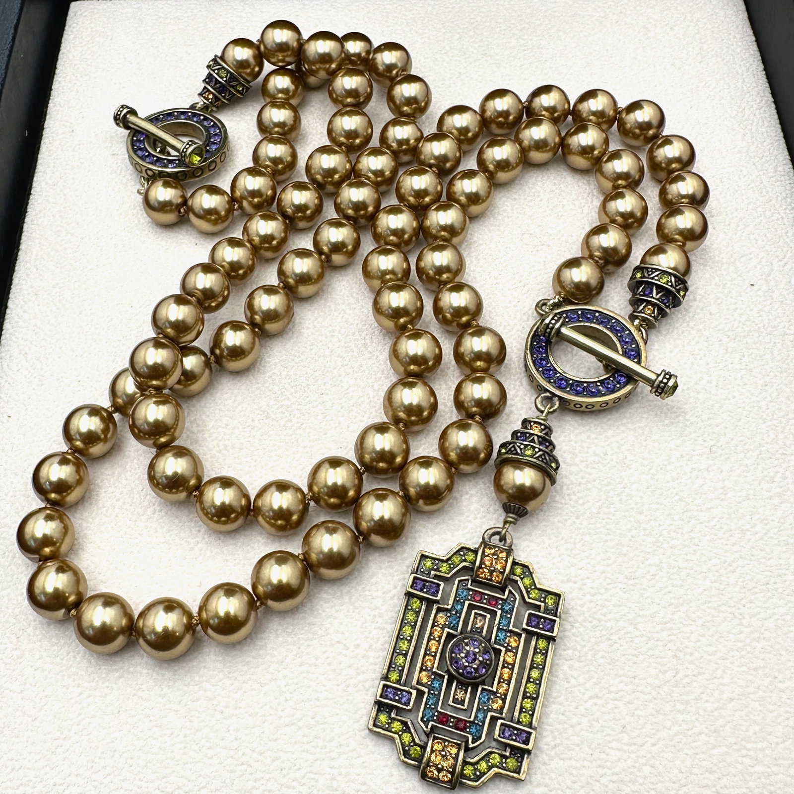 Heidi Daus Gold Glass Faux Pearl Multicolor Crystal Pendant Necklace Bronze Tone (1 of 2)